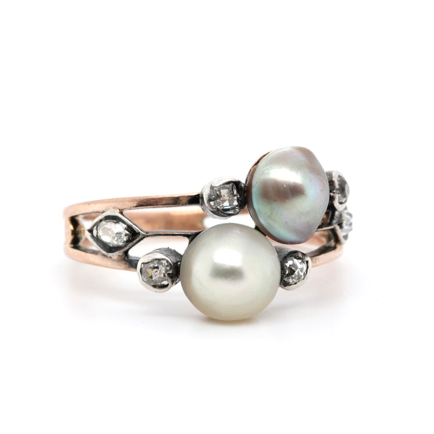 Natural Bouton Two Colour Pearl and Diamond Ring-Charlotte Sayers Antique Jewellery