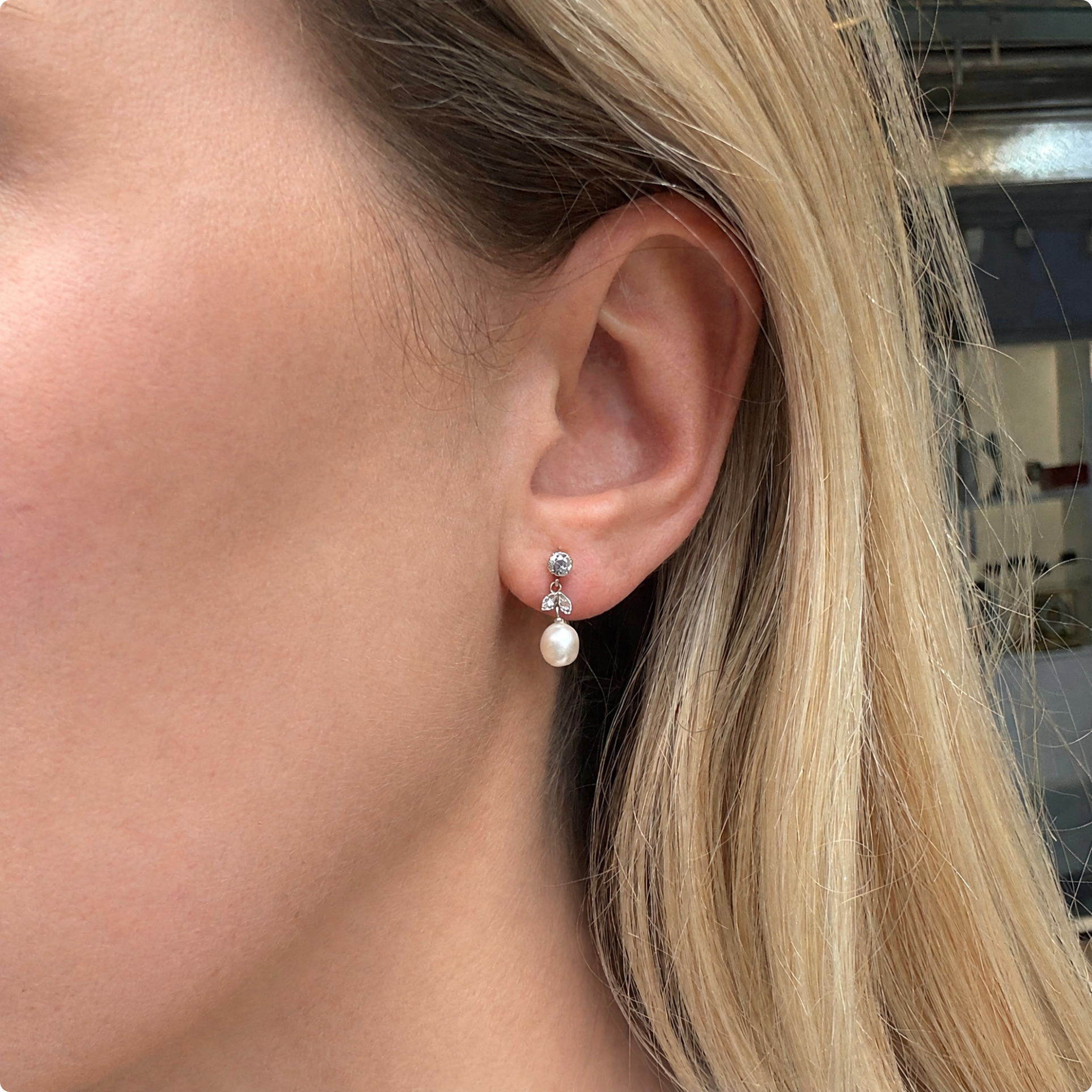 Natural Pearl Diamond Earrings-Charlotte Sayers Antique Jewellery