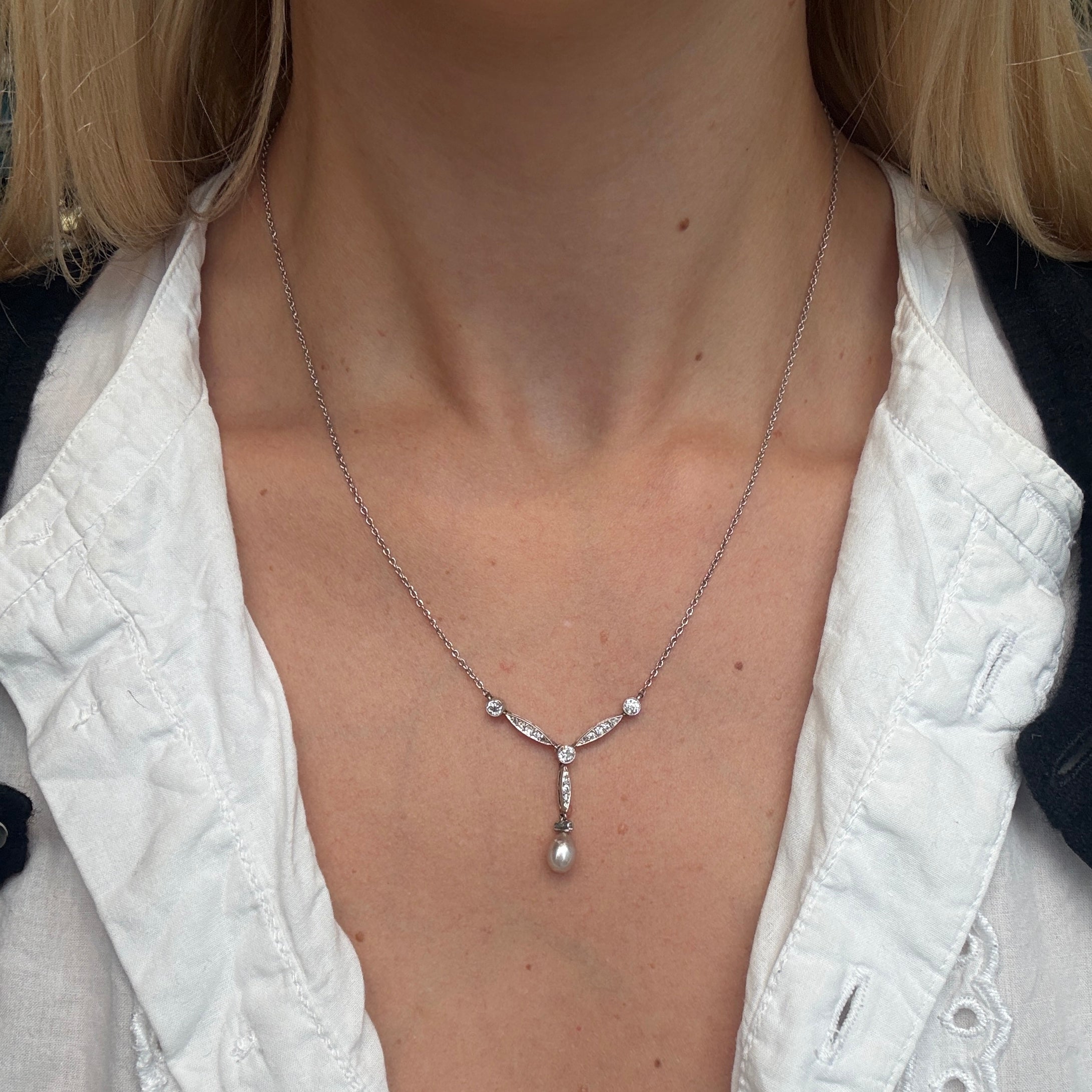 Natural Pearl Diamond Pendant Necklace-Charlotte Sayers Antique Jewellery