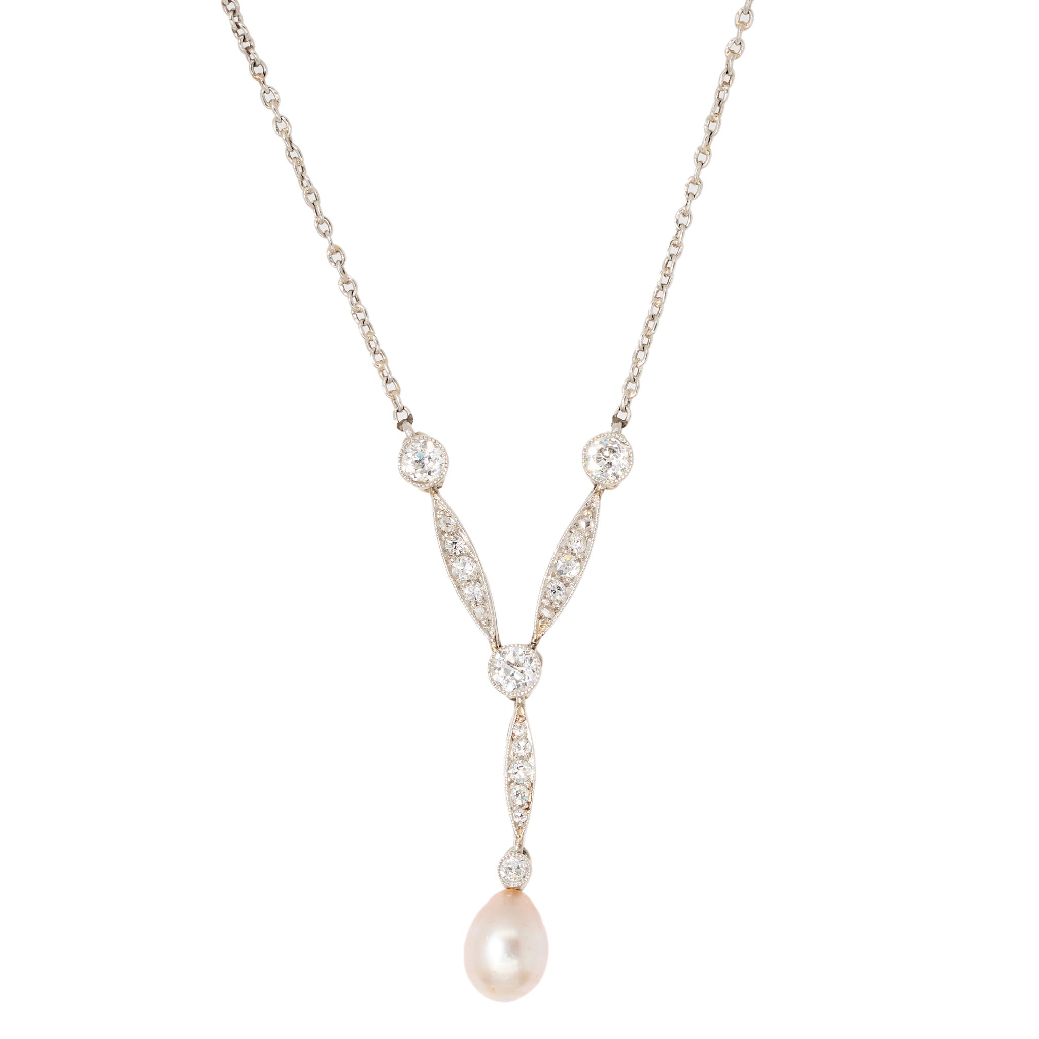 Natural Pearl Diamond Pendant Necklace-Charlotte Sayers Antique Jewellery
