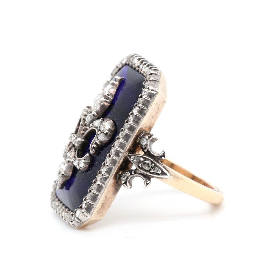 Nineteenth Century French Blue Glass and Diamond Fleur De Lys Ring-Charlotte Sayers Antique Jewellery