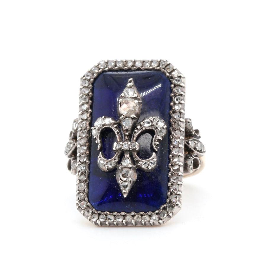 Nineteenth Century French Blue Glass and Diamond Fleur De Lys Ring-Charlotte Sayers Antique Jewellery