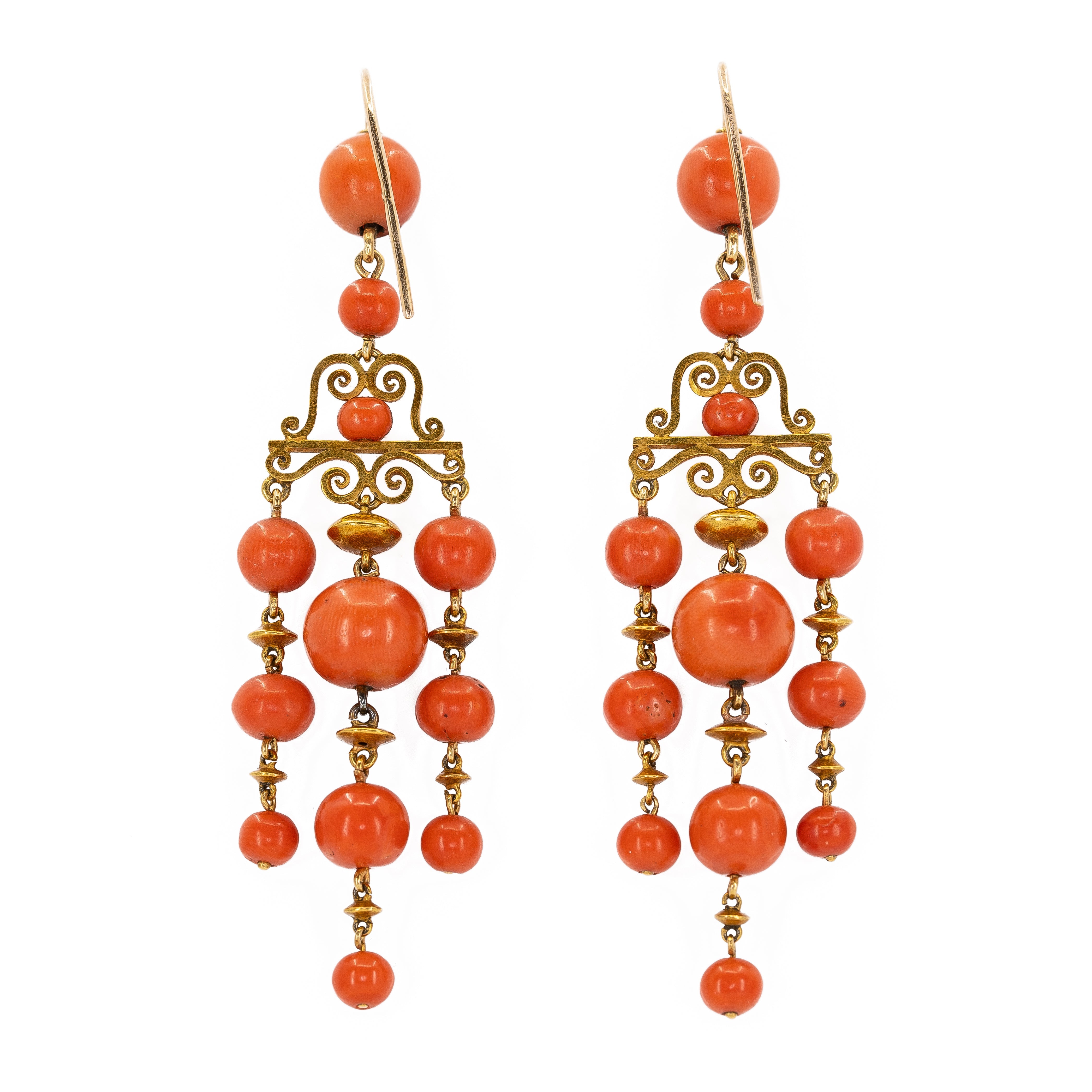 Nineteenth Century French Coral and Gold Earrings-Charlotte Sayers Antique Jewellery