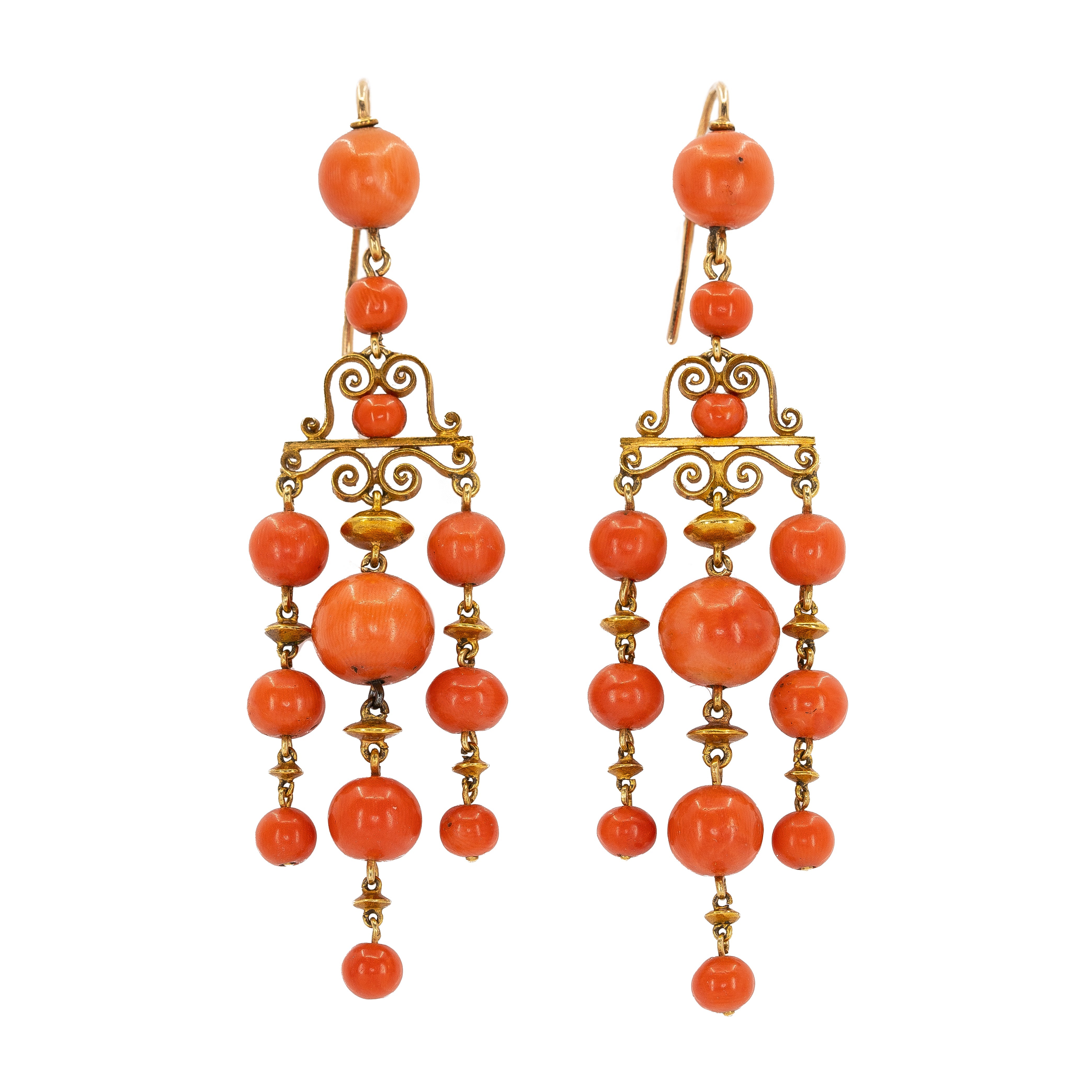 Nineteenth Century French Coral and Gold Earrings-Charlotte Sayers Antique Jewellery