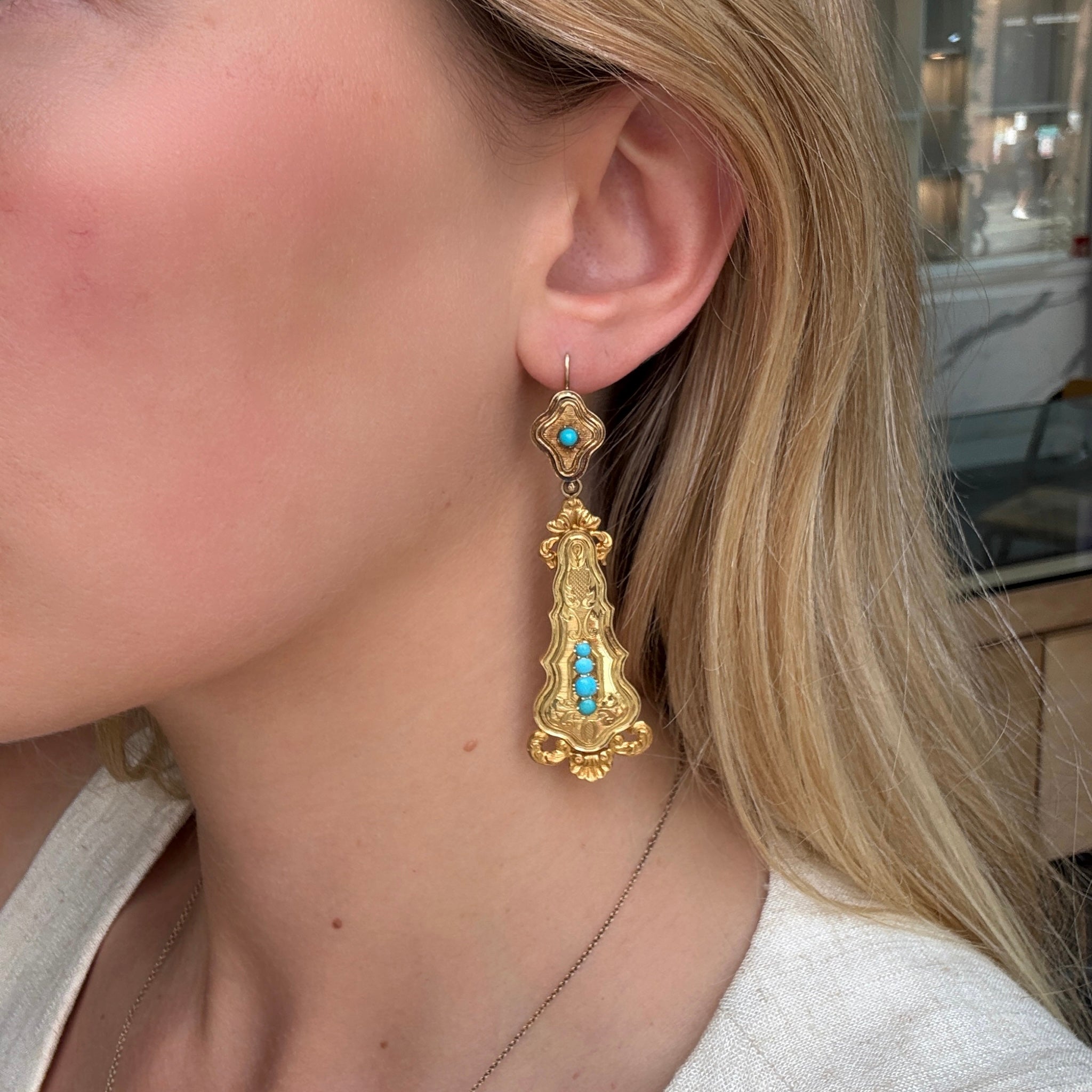 Nineteenth Century Turquoise Gold Drop Earrings-Charlotte Sayers Antique Jewellery
