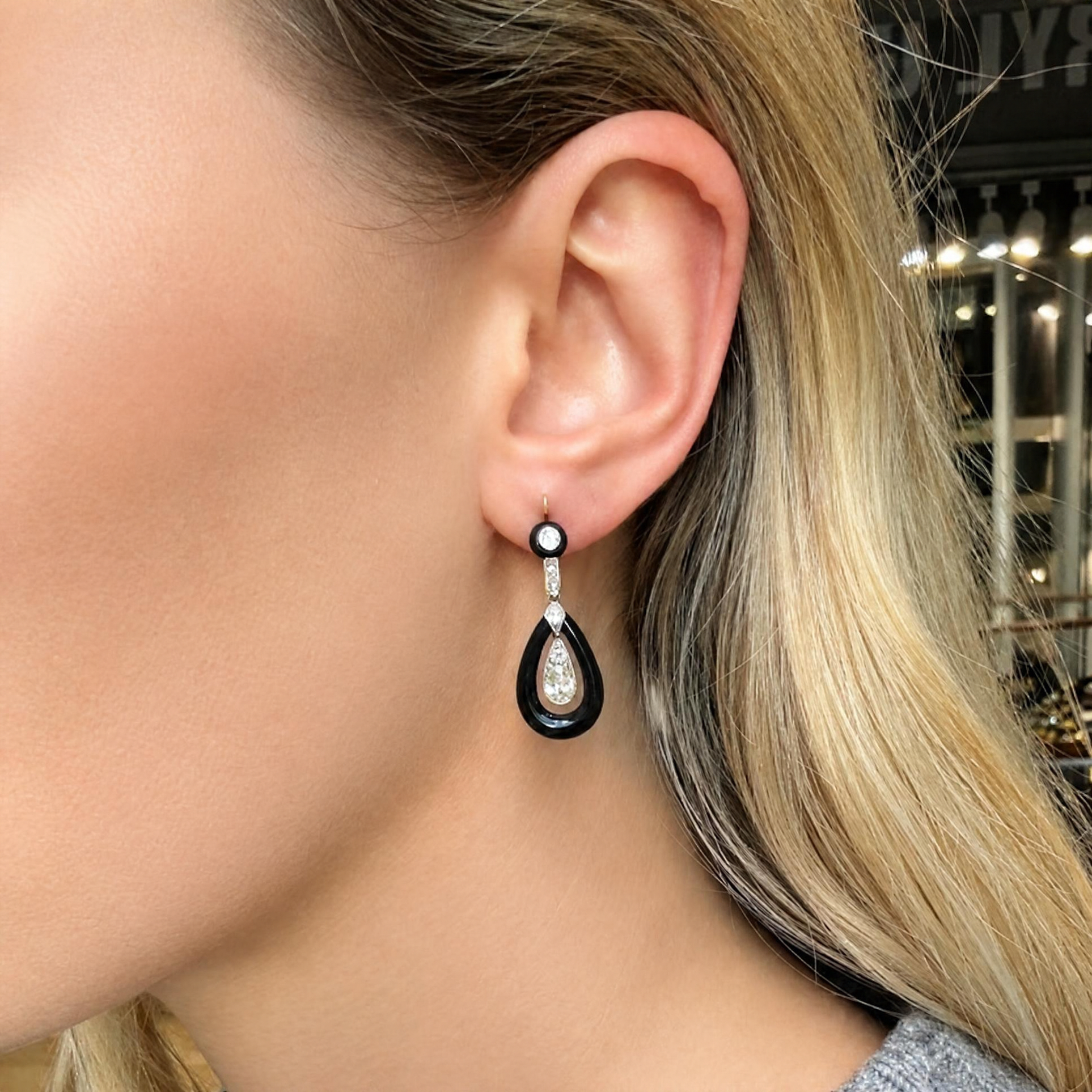 Onyx Diamond Earrings-Charlotte Sayers Antique Jewellery