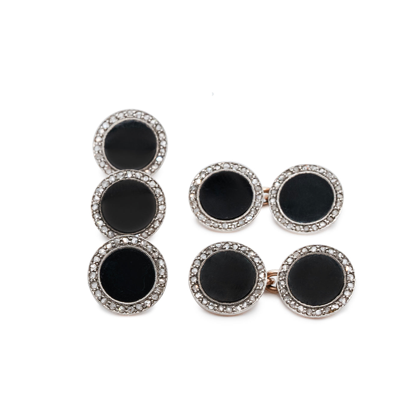 Onyx and Diamond Cufflink and Stud Set-Charlotte Sayers Antique Jewellery