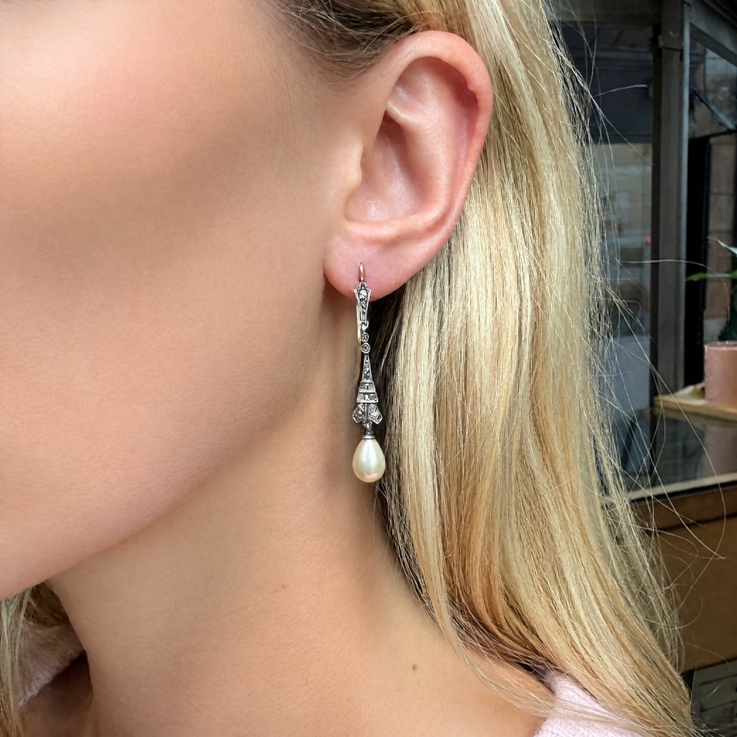 Paste Pearl Silver Drop Earrings-Charlotte Sayers Antique Jewellery