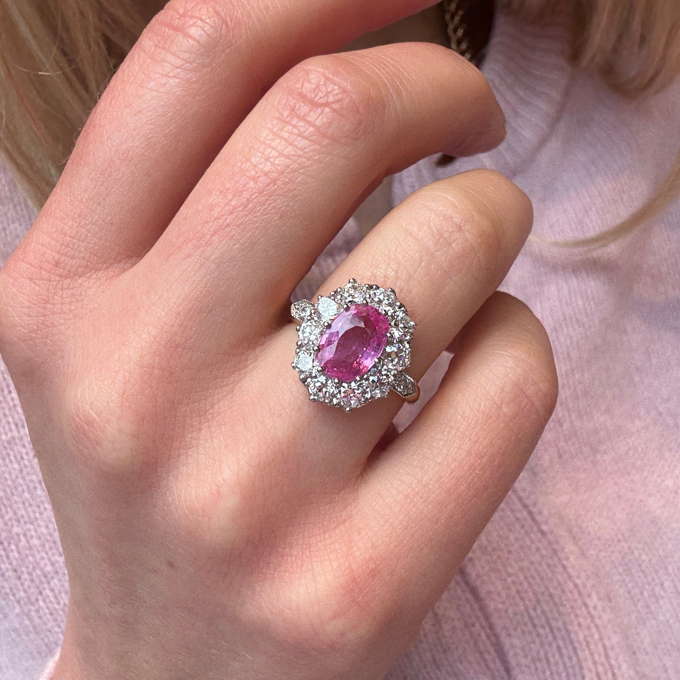 Pink Sapphire and Diamond Cluster Ring-Charlotte Sayers Antique Jewellery