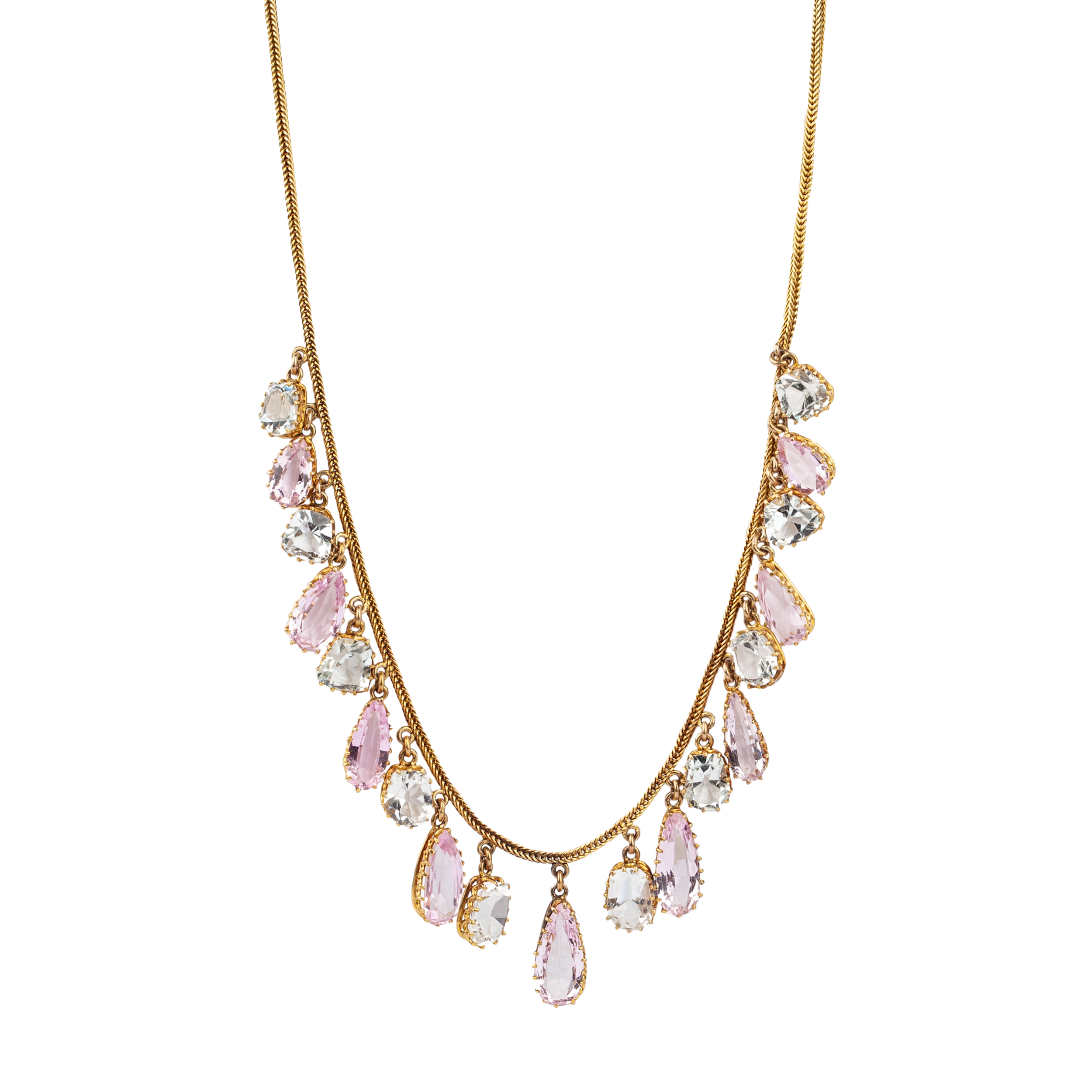 Pink Topaz and Aquamarine Drop Necklace-Charlotte Sayers Antique Jewellery