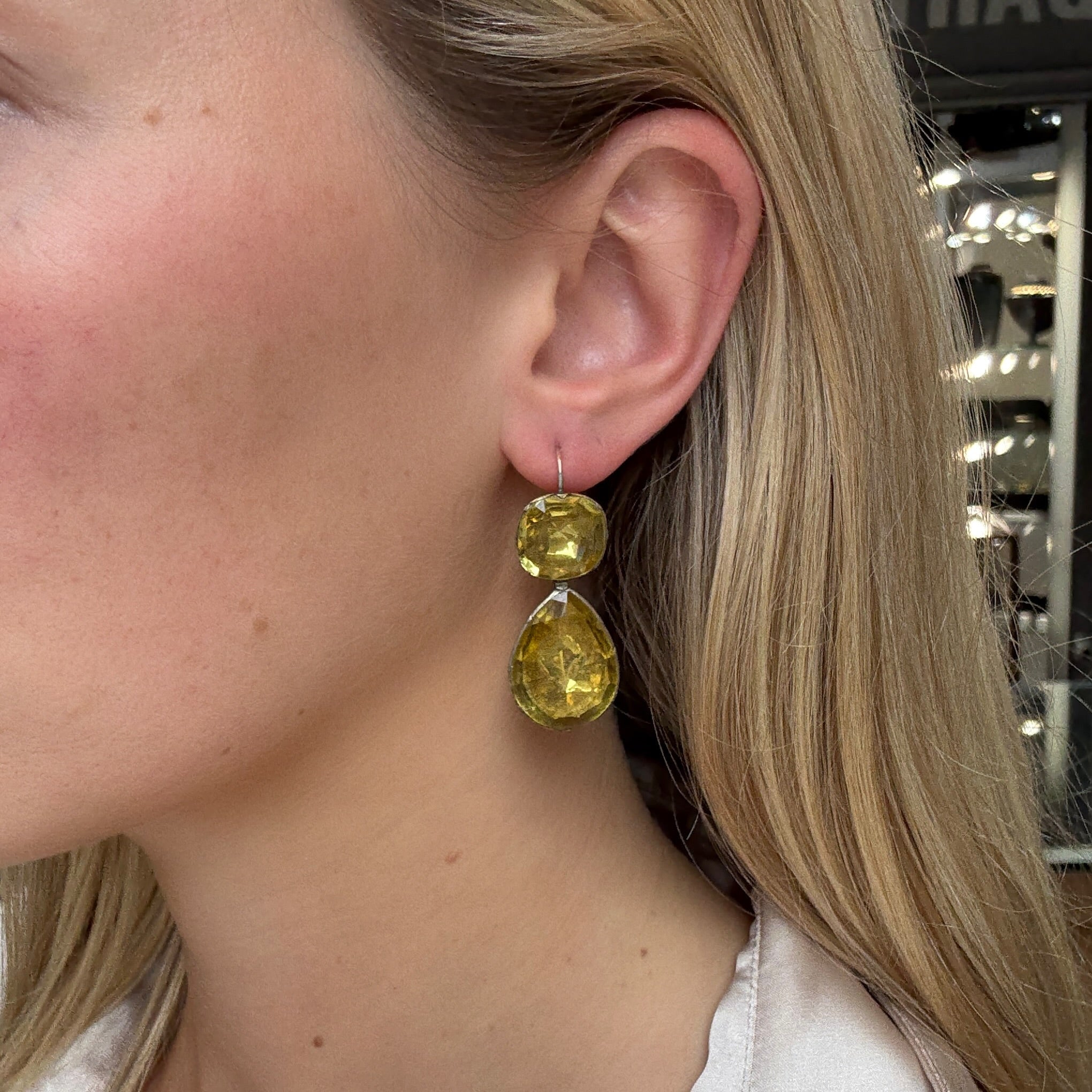Queen Anne Yellow Paste Earrings-Charlotte Sayers Antique Jewellery