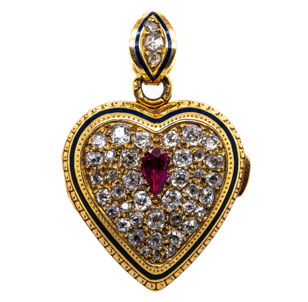 Ruby Diamond Heart Vinaigrette Pendant-Charlotte Sayers Antique Jewellery