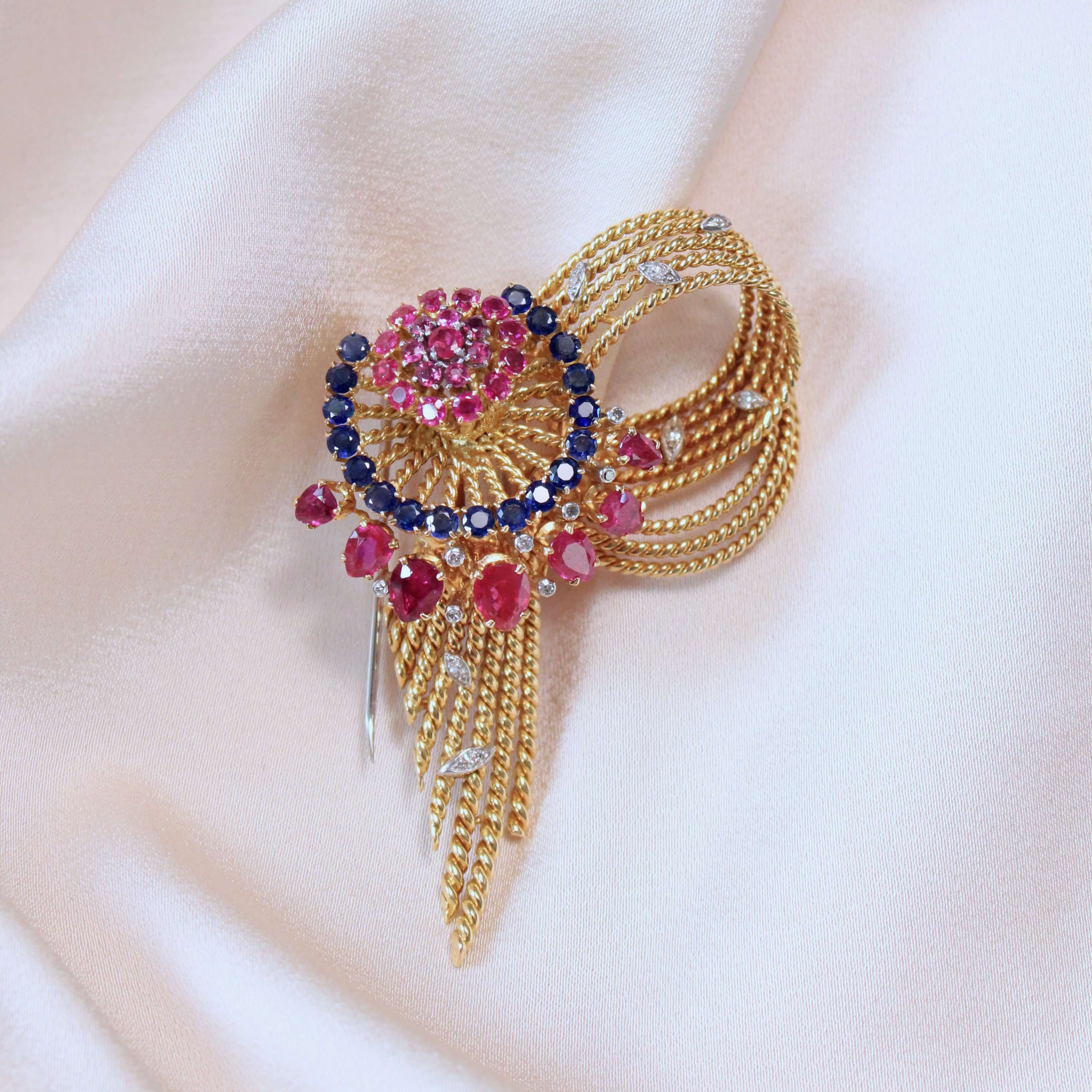 Ruby, Sapphire and Diamond Brooch-Charlotte Sayers Antique Jewellery