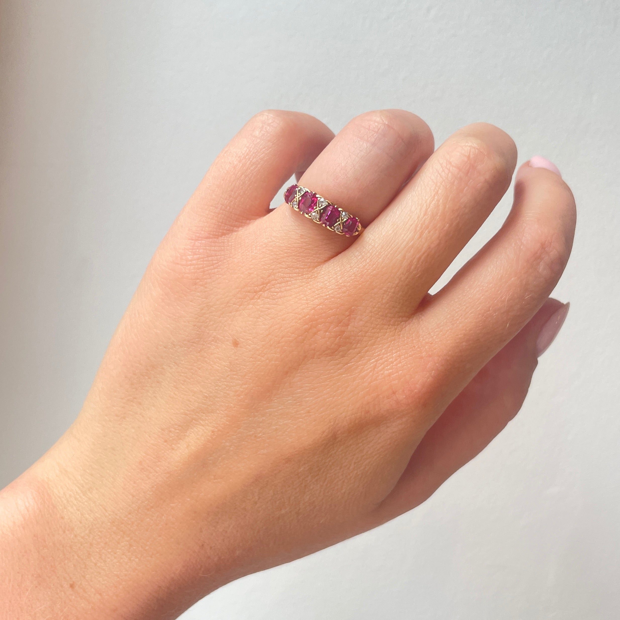 Ruby and Diamond 4 Stone Ring-Charlotte Sayers Antique Jewellery