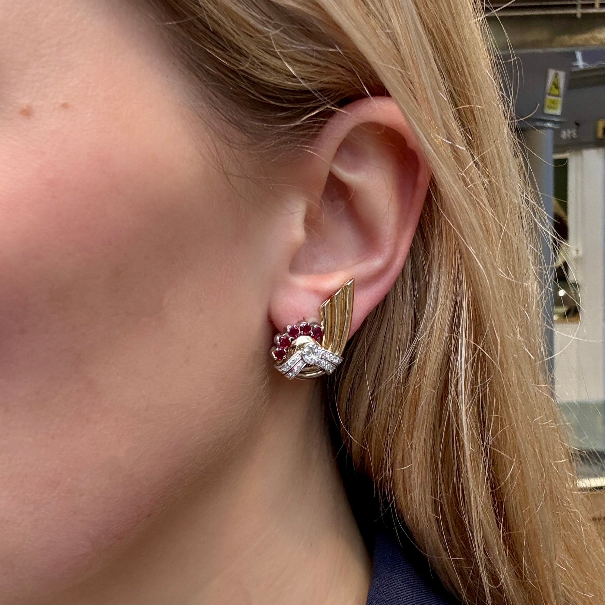 Ruby and Diamond Clip earrings-Charlotte Sayers Antique Jewellery