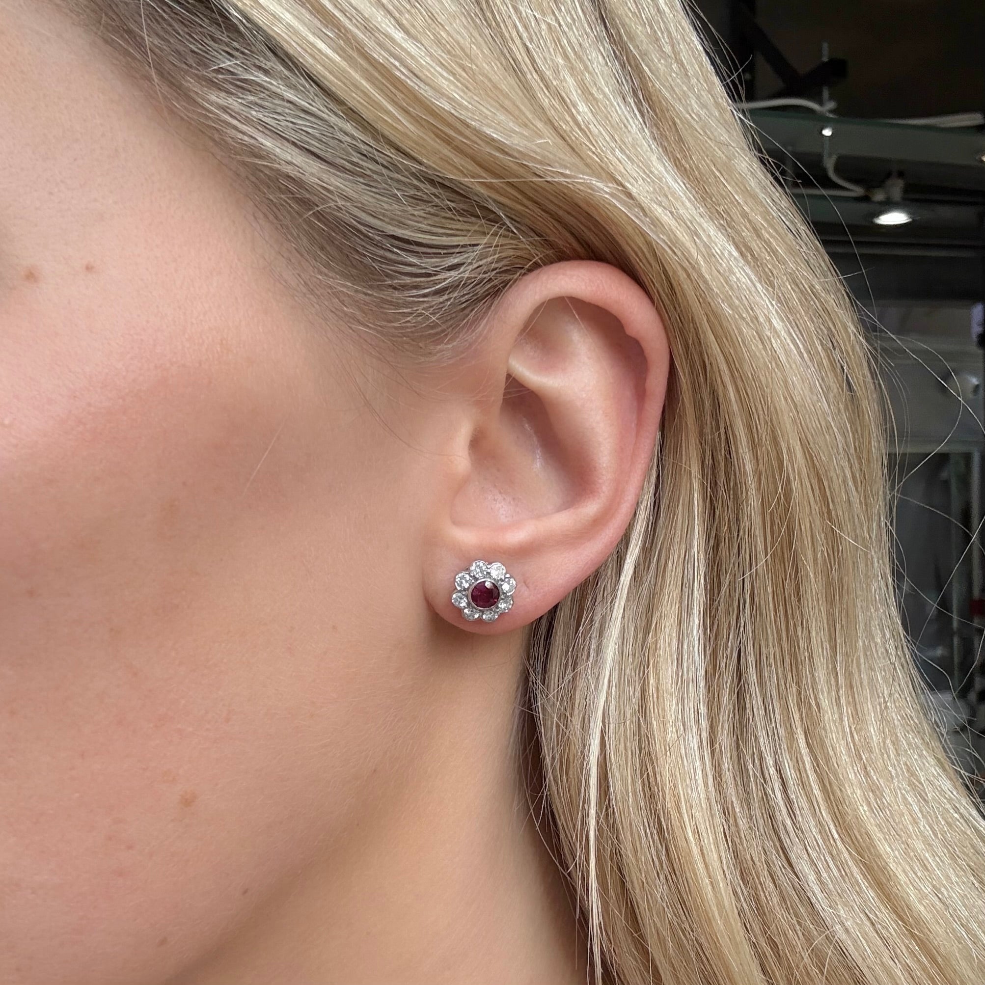 Ruby and Diamond Cluster Earrings-Charlotte Sayers Antique Jewellery