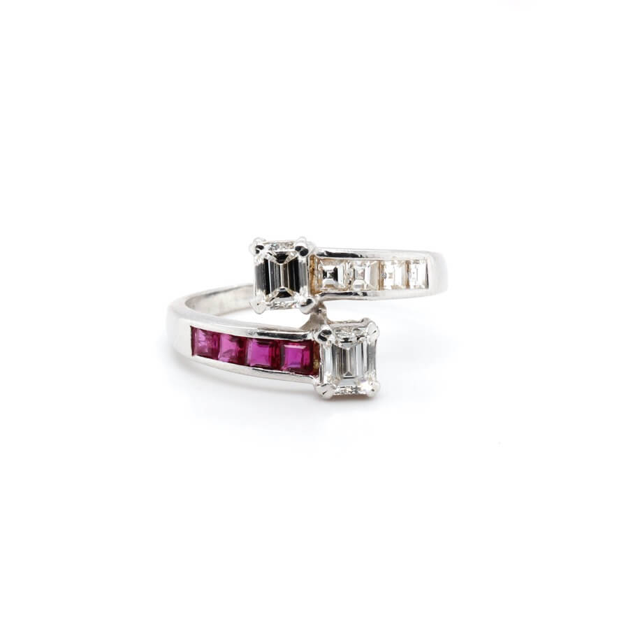 Ruby and Diamond Crossover Ring-Charlotte Sayers Antique Jewellery