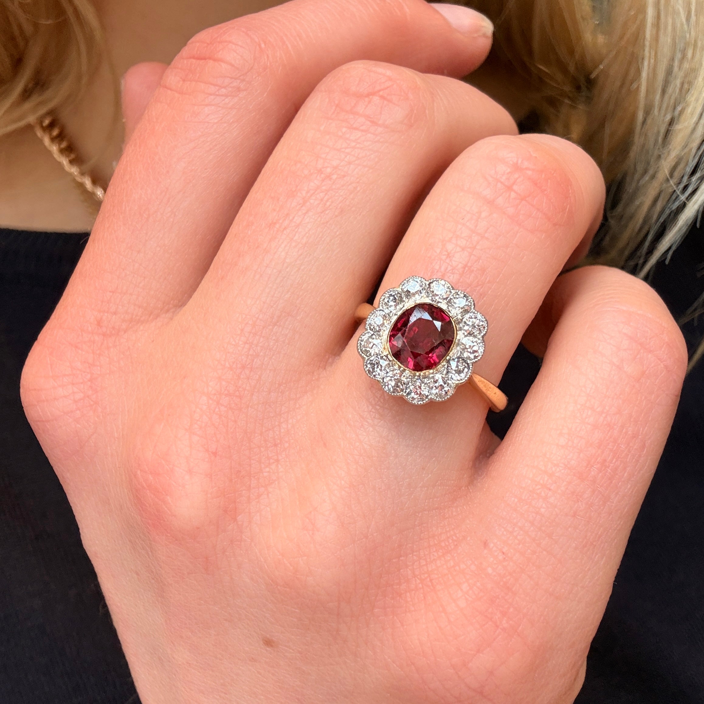 Ruby and Diamond Old Cut Cluster Ring-Charlotte Sayers Antique Jewellery