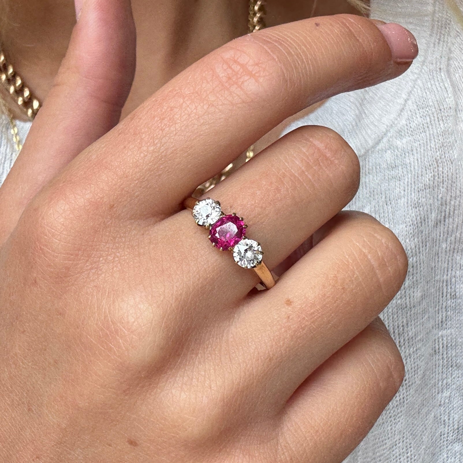 Ruby and Diamond Three Stone Ring-Charlotte Sayers Antique Jewellery
