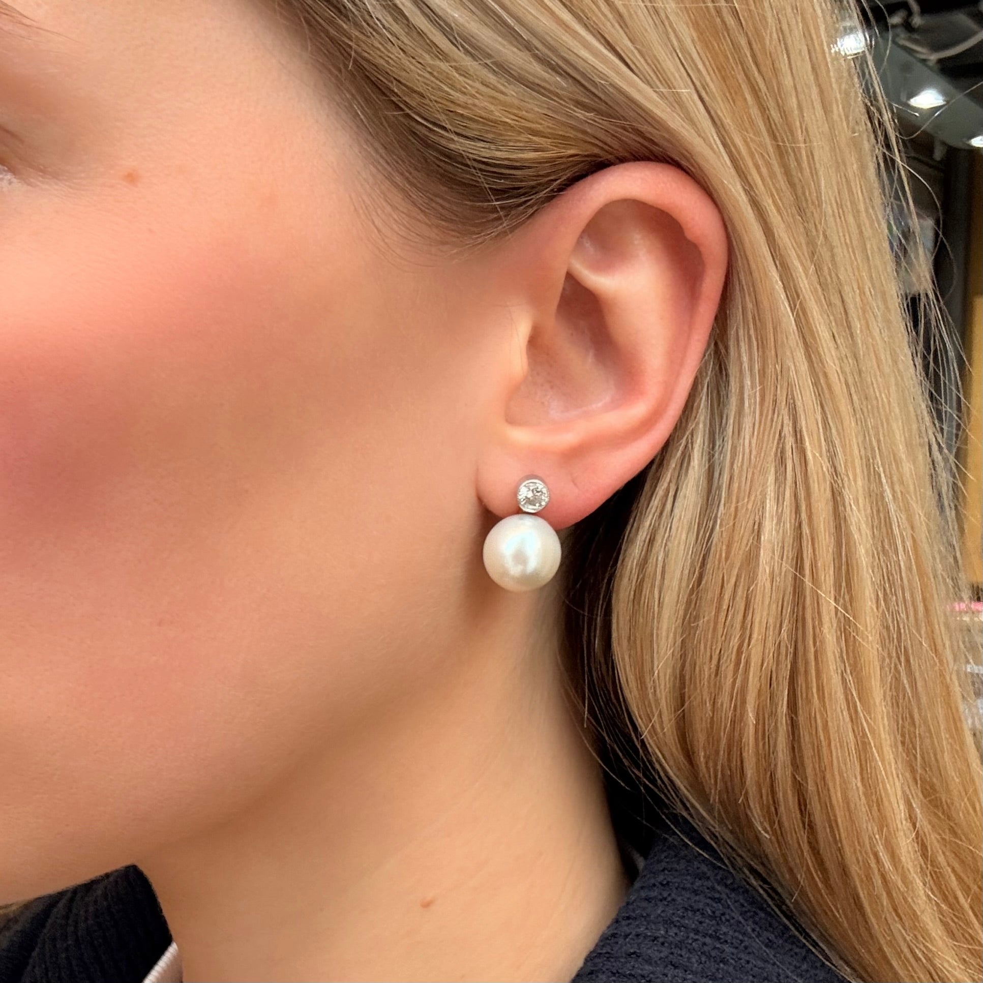 Saltwater Pearl and Diamond Earrings-Charlotte Sayers Antique Jewellery