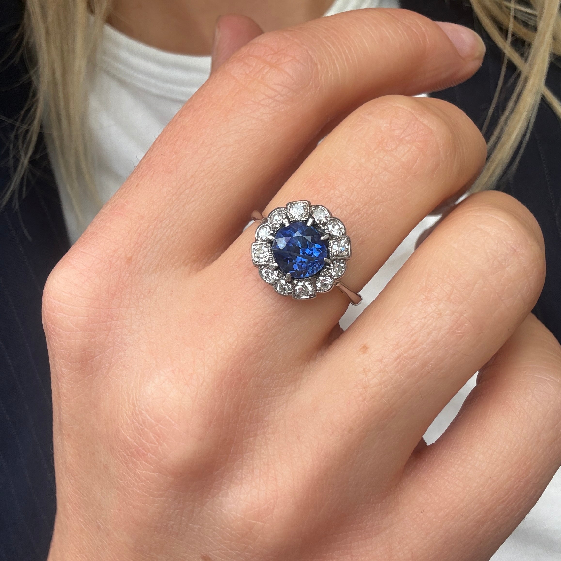 Sapphire Diamond Cluster Ring-Charlotte Sayers Antique Jewellery