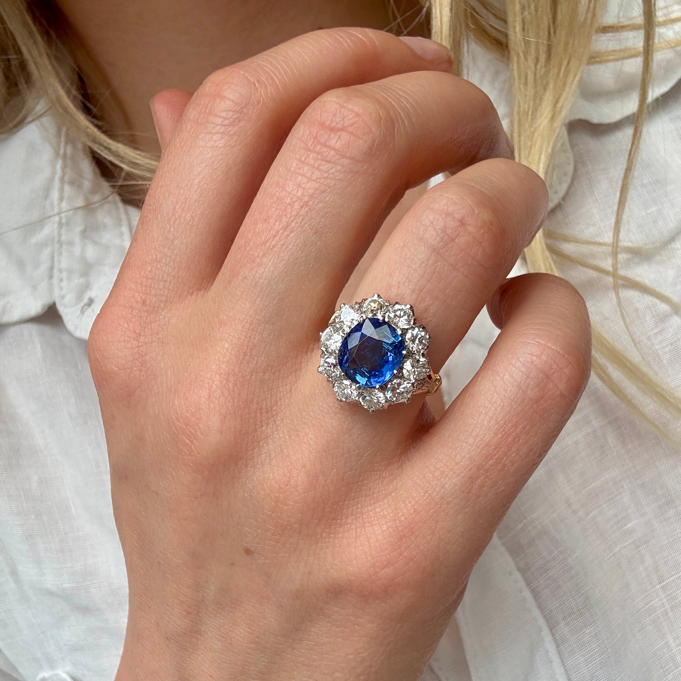 Sapphire Diamond Cluster Ring-Charlotte Sayers Antique Jewellery
