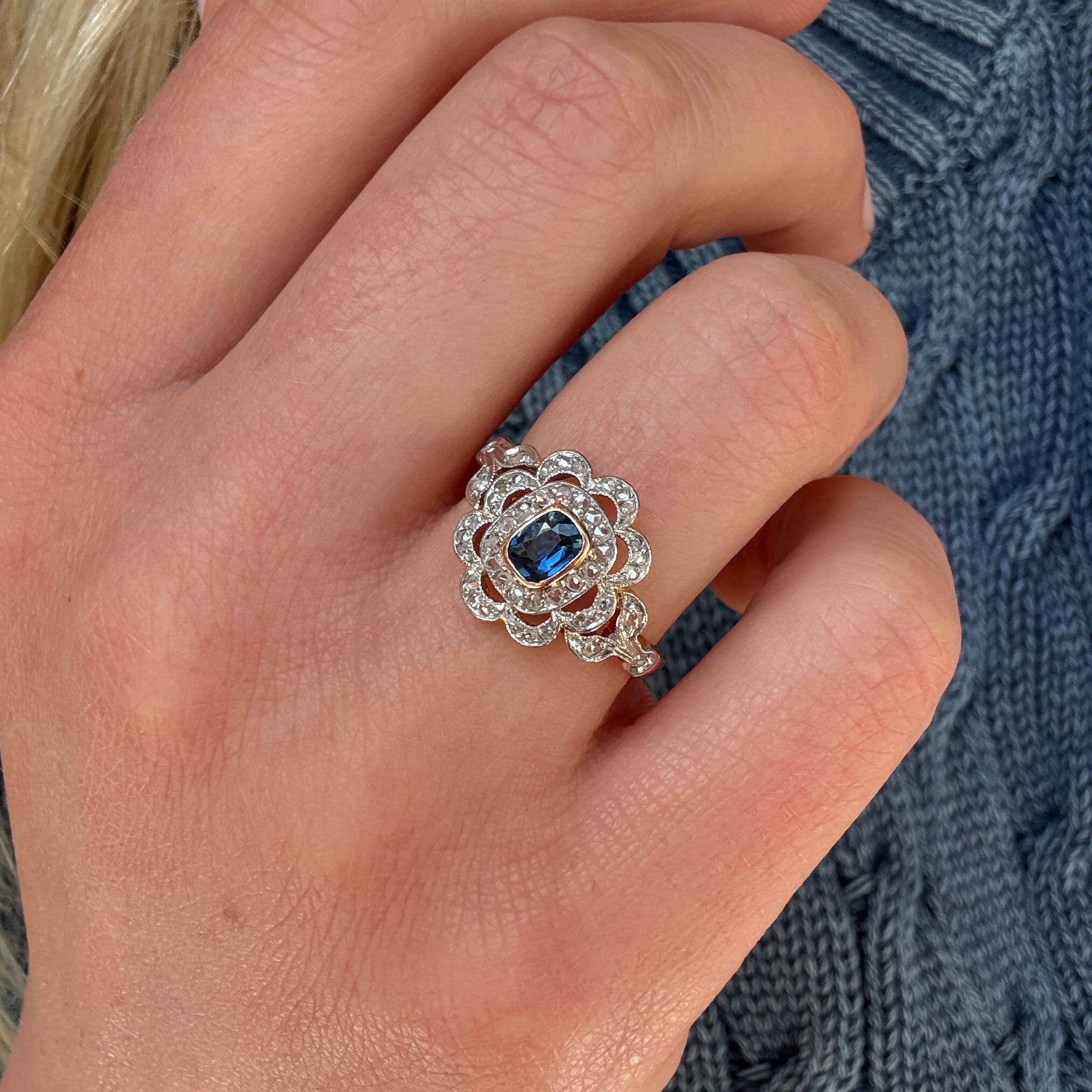 Sapphire and Diamond Cluster Ring-Charlotte Sayers Antique Jewellery