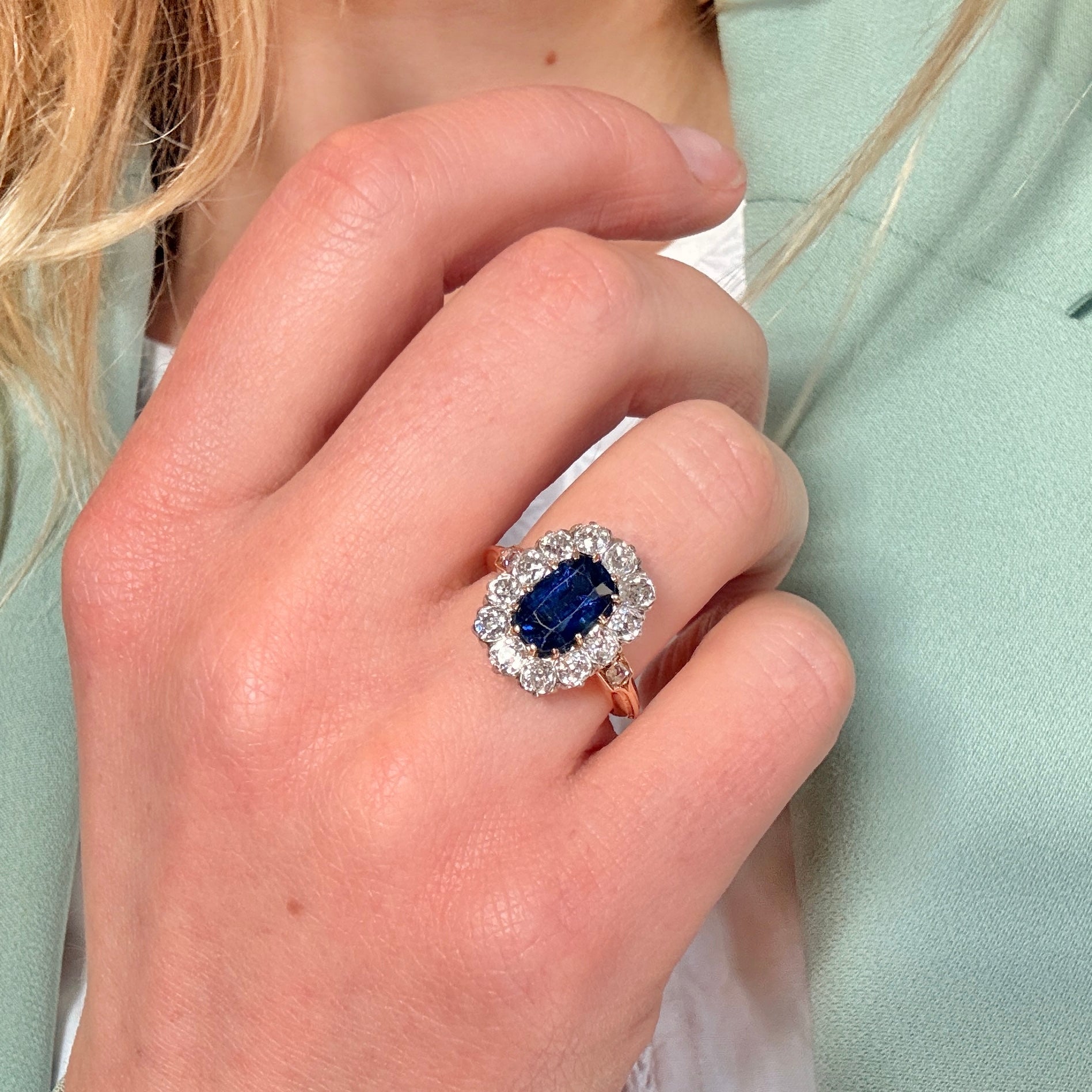 Sapphire and Old Mine Cut Diamond Cluster Ring-Charlotte Sayers Antique Jewellery