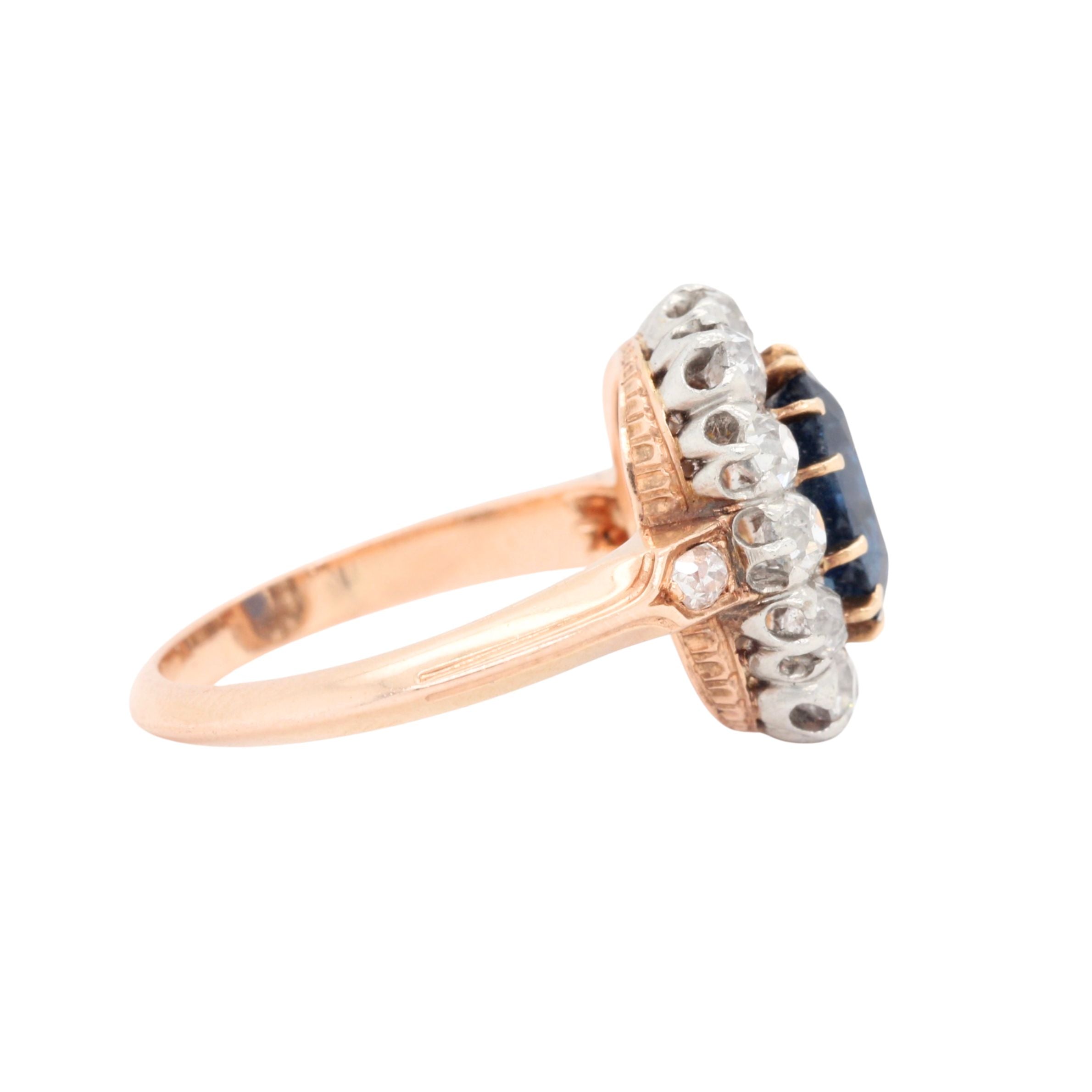 Sapphire and Old Mine Cut Diamond Cluster Ring-Charlotte Sayers Antique Jewellery