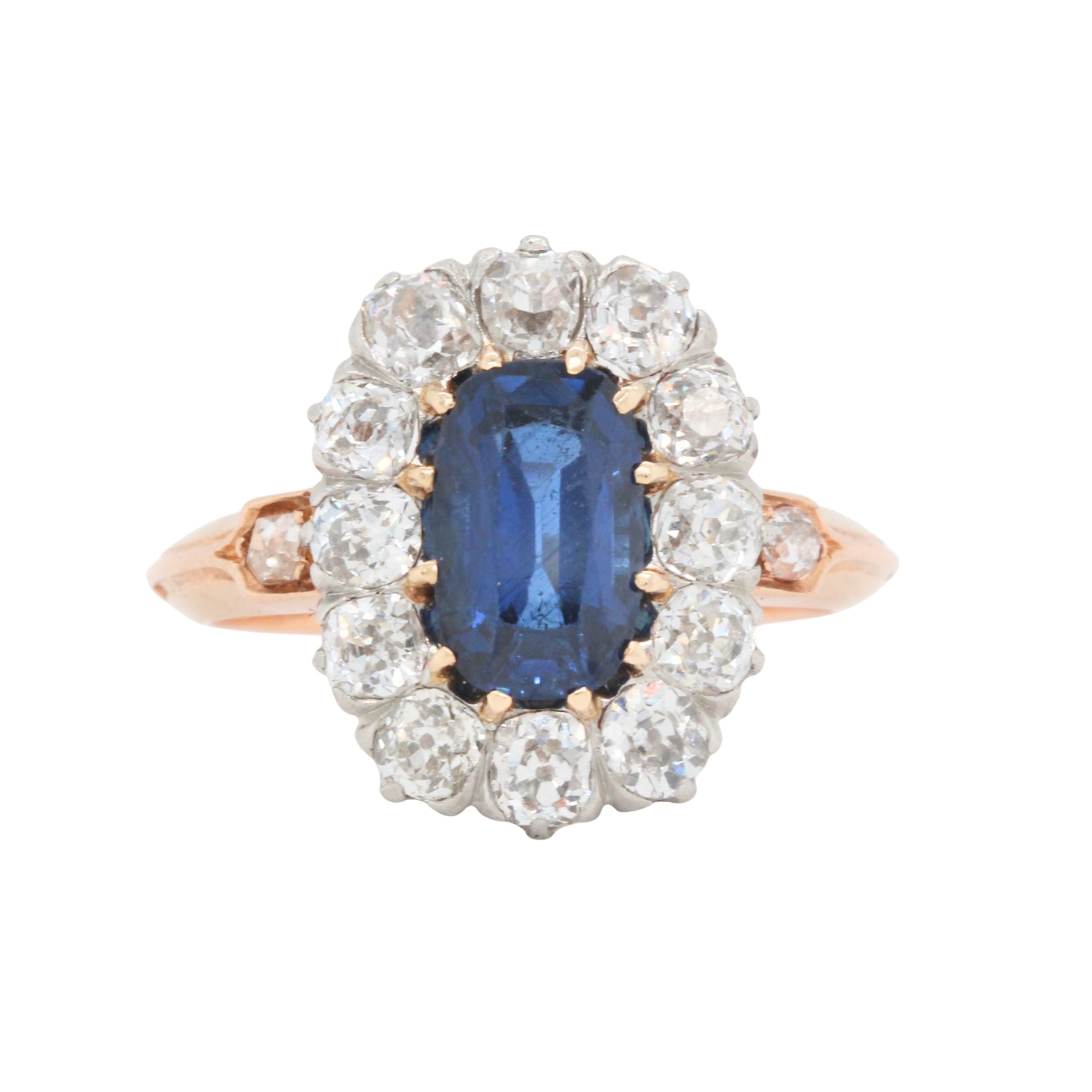 Sapphire and Old Mine Cut Diamond Cluster Ring-Charlotte Sayers Antique Jewellery