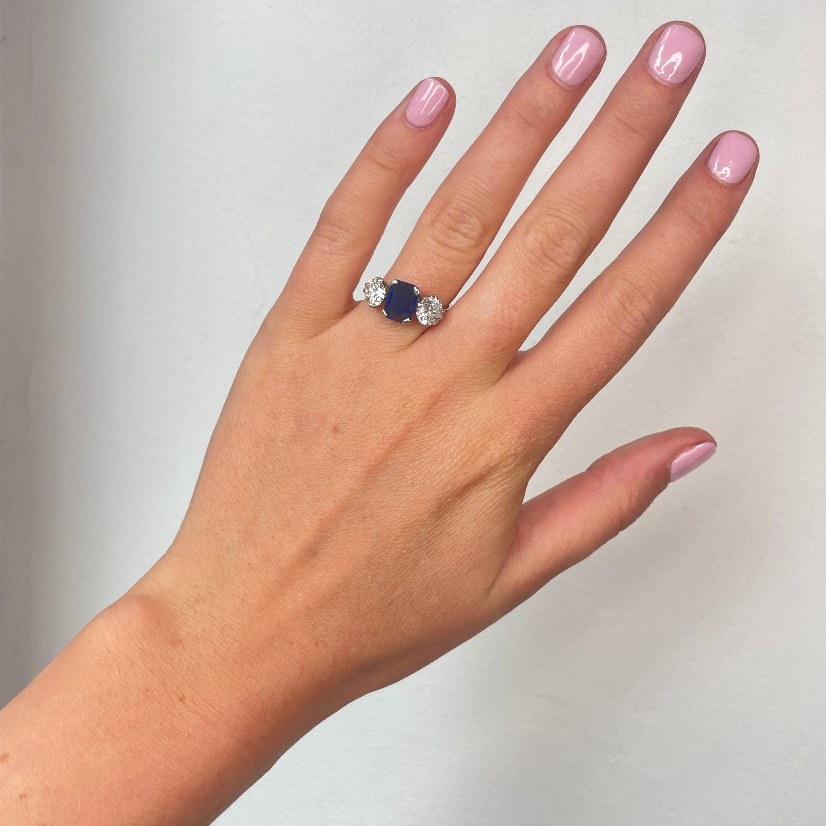 Sapphire diamond 3 stone ring-Charlotte Sayers Antique Jewellery