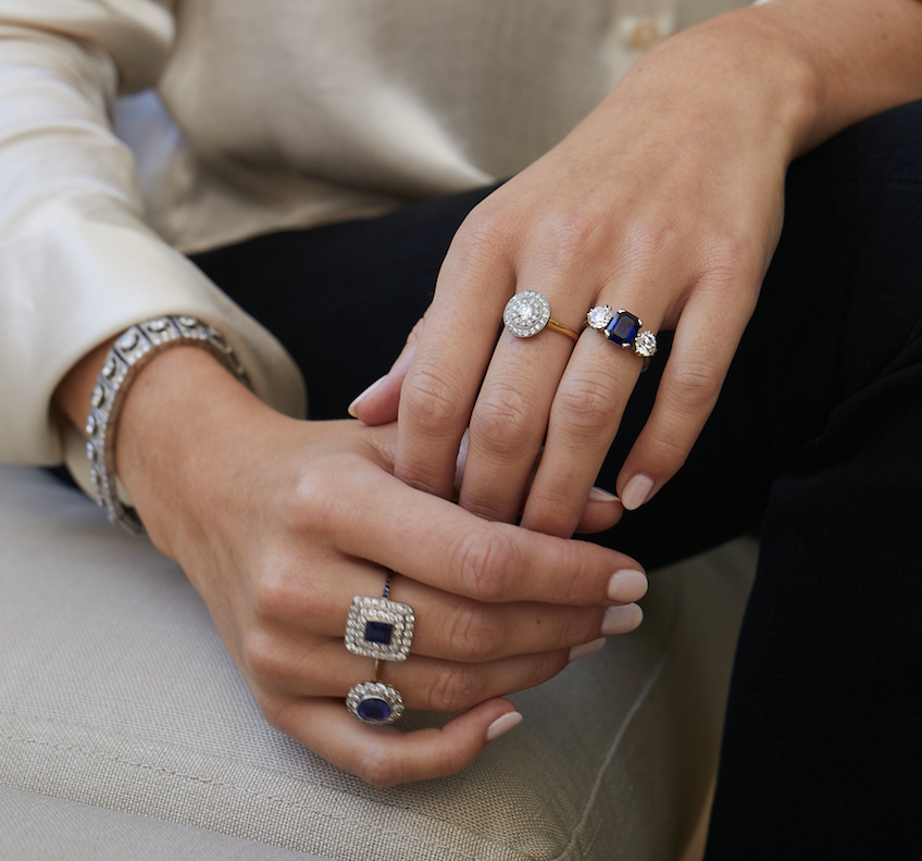 Sapphire diamond 3 stone ring-Charlotte Sayers Antique Jewellery