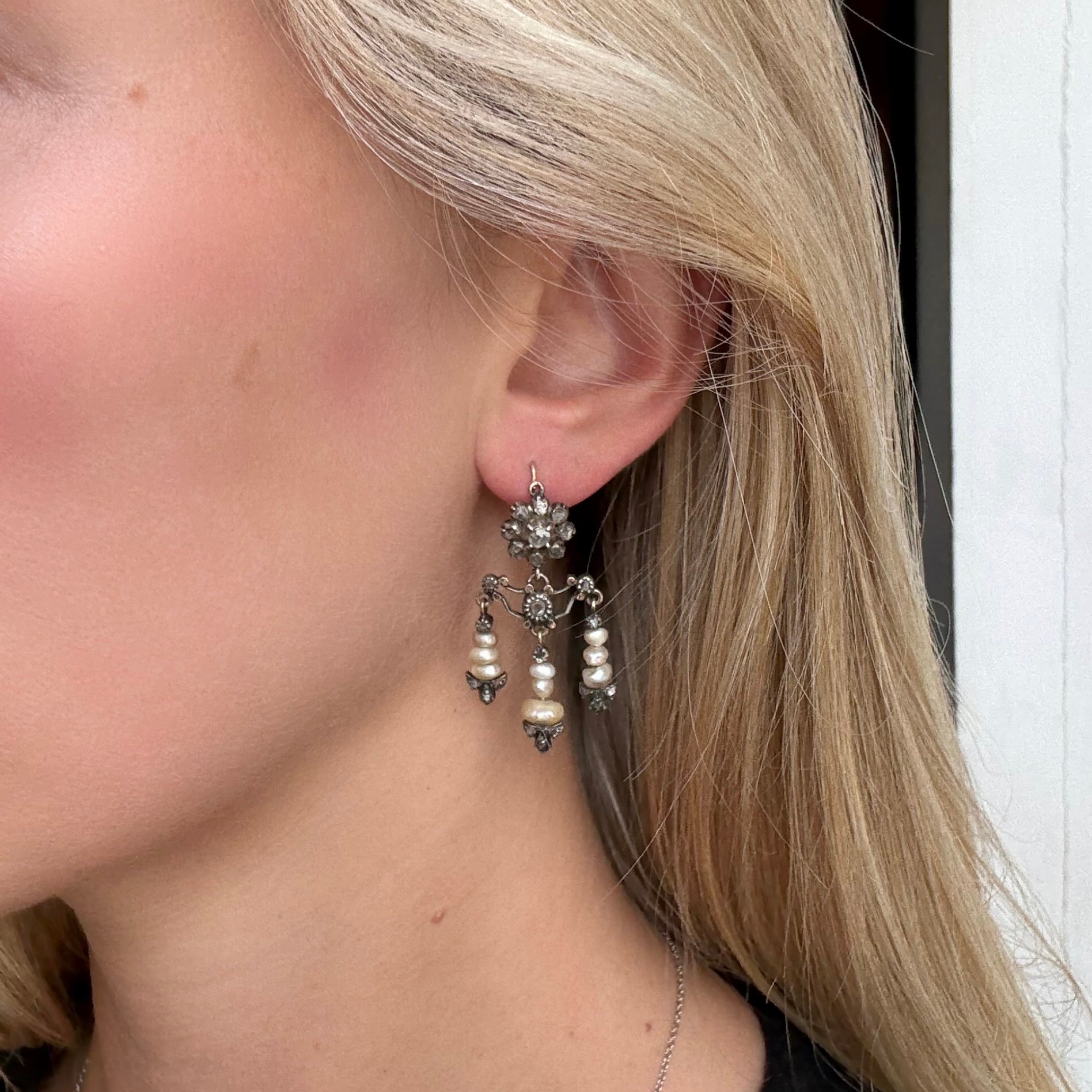 Sicilian Diamond Pearl Earrings-Charlotte Sayers Antique Jewellery