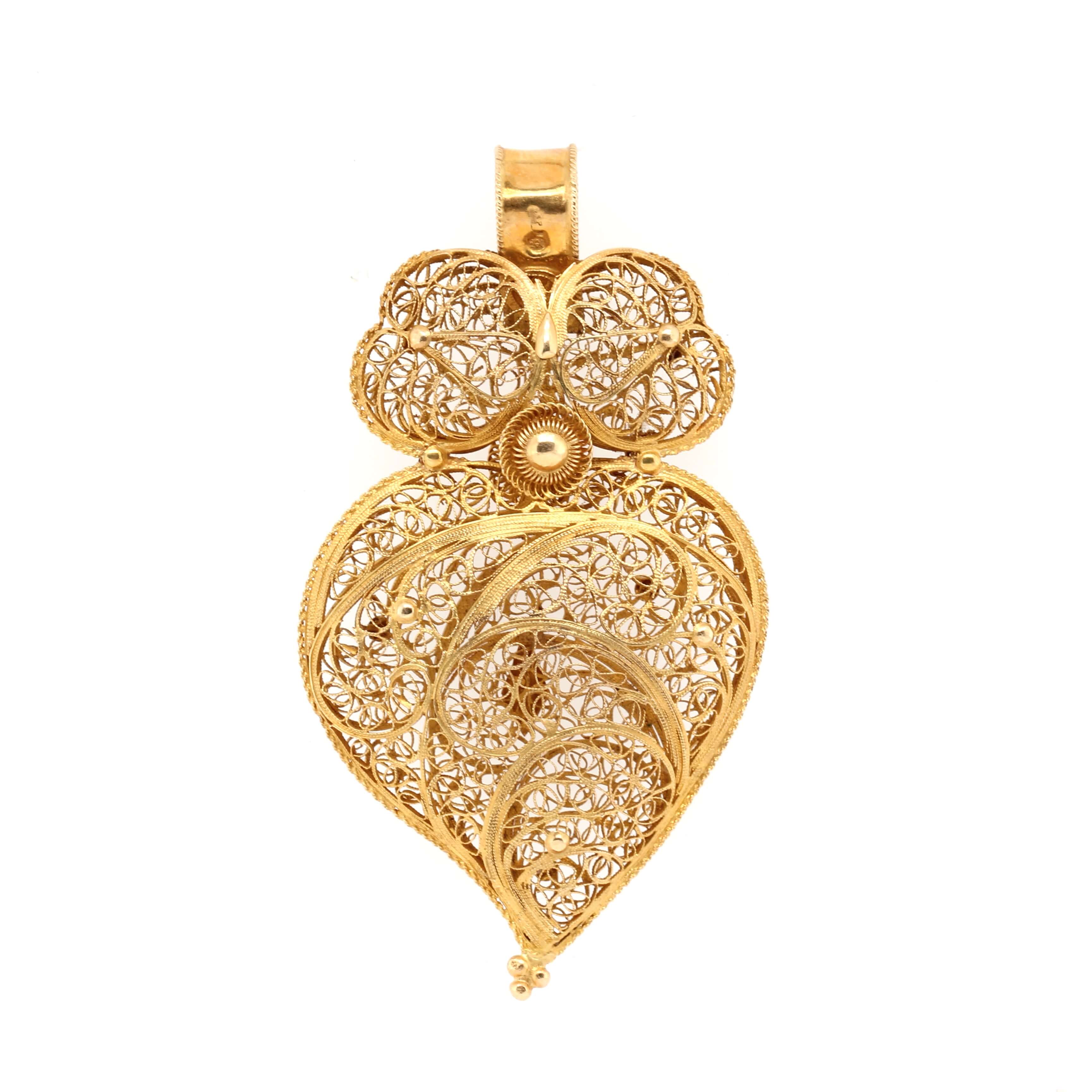 Spanish Gold Filigree Heart and Bow Pendant-Charlotte Sayers Antique Jewellery