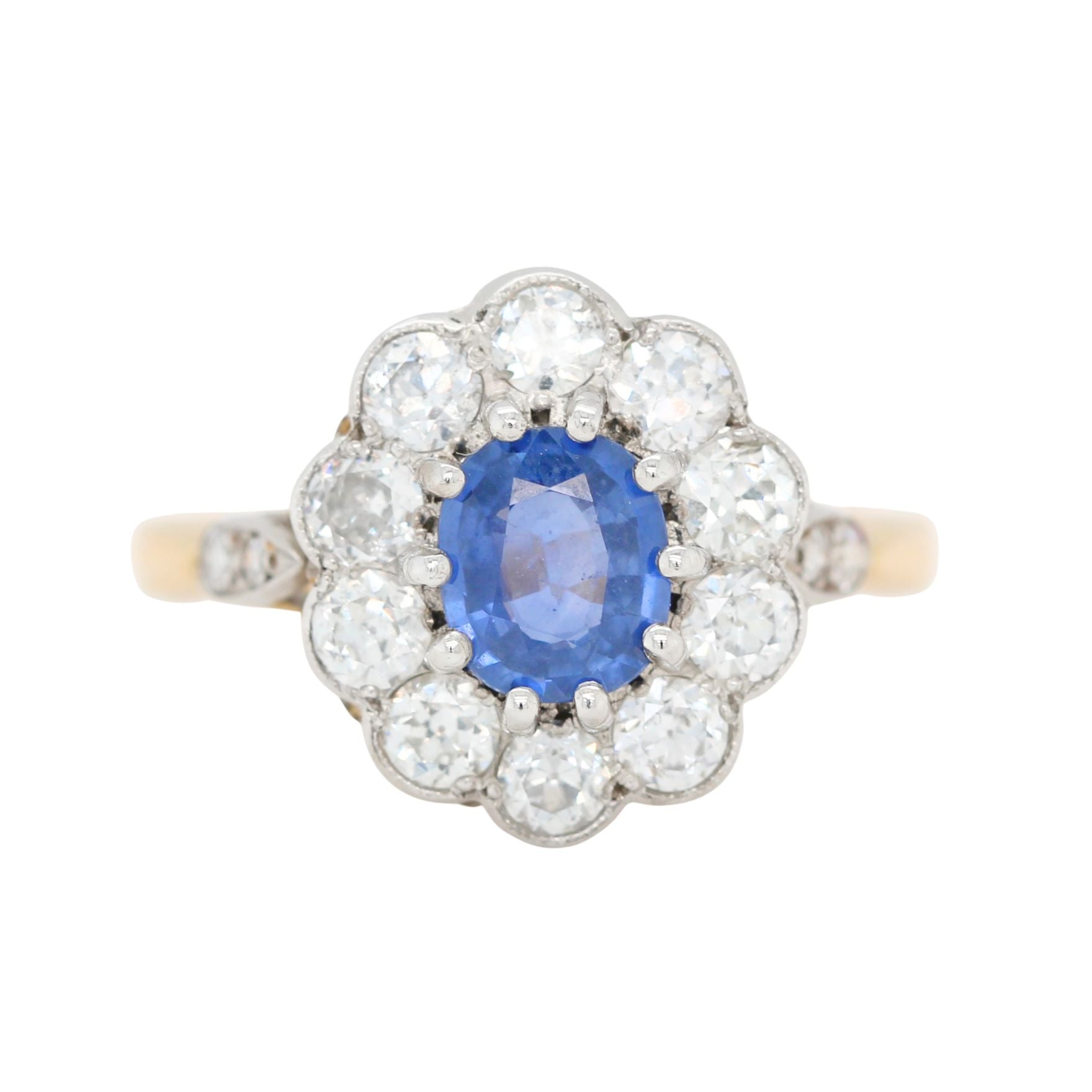 Sri Lankan Sapphire and Diamond Cluster Ring-Charlotte Sayers Antique Jewellery