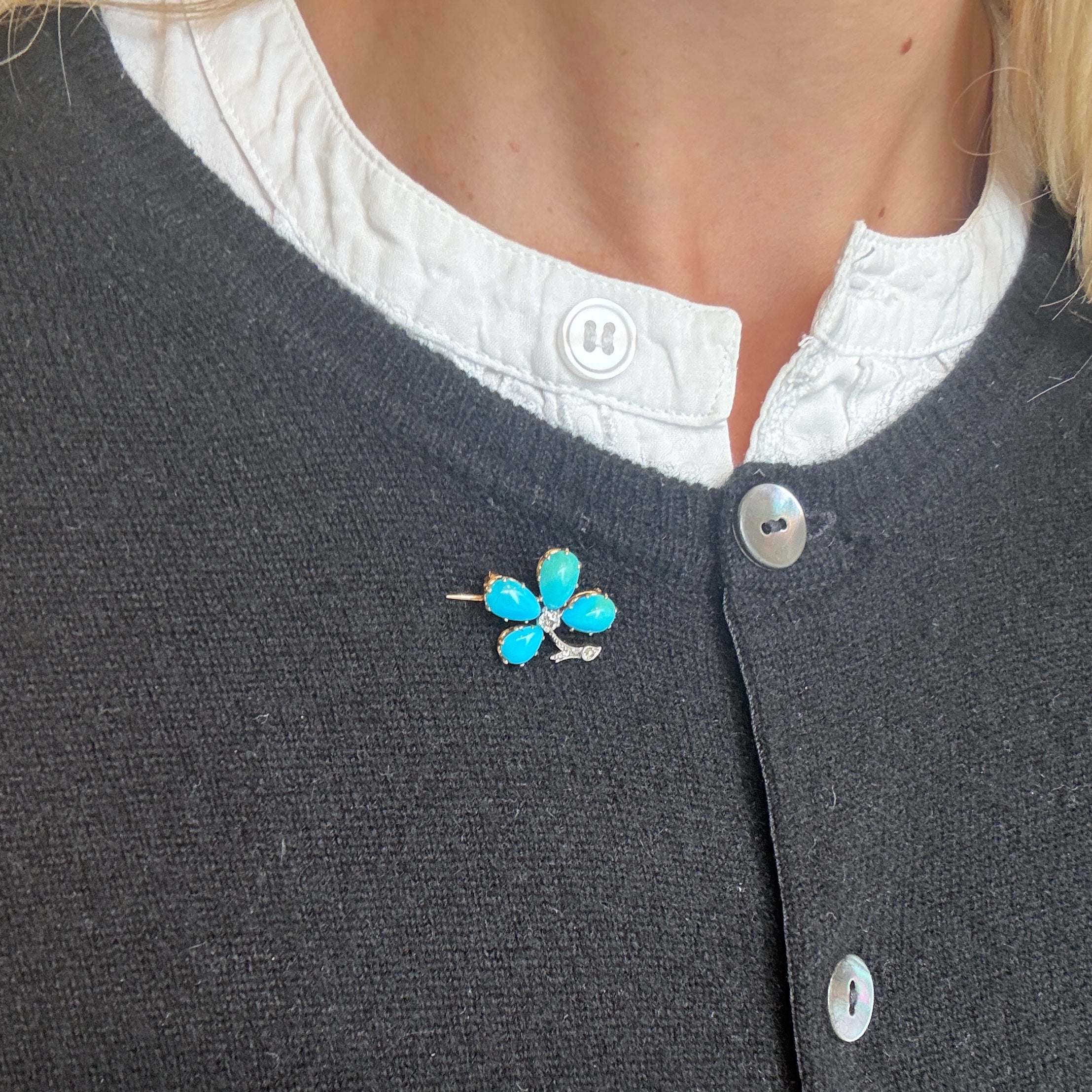 Turquoise Diamond Clover Brooch-Charlotte Sayers Antique Jewellery