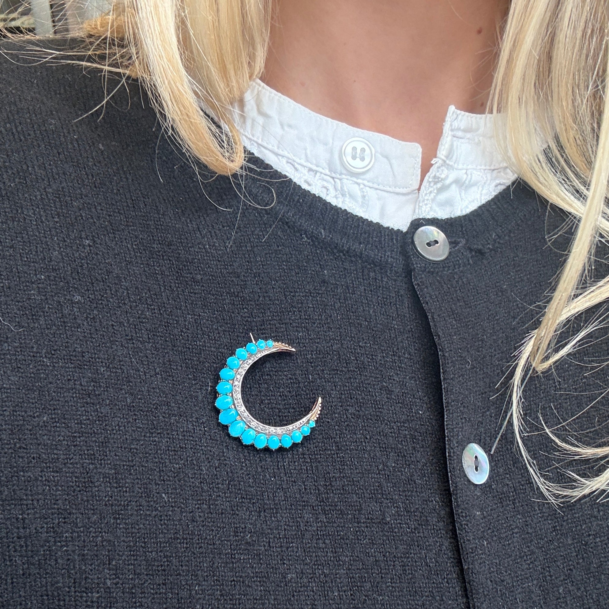 Turquoise Diamond Crescent Brooch-Charlotte Sayers Antique Jewellery