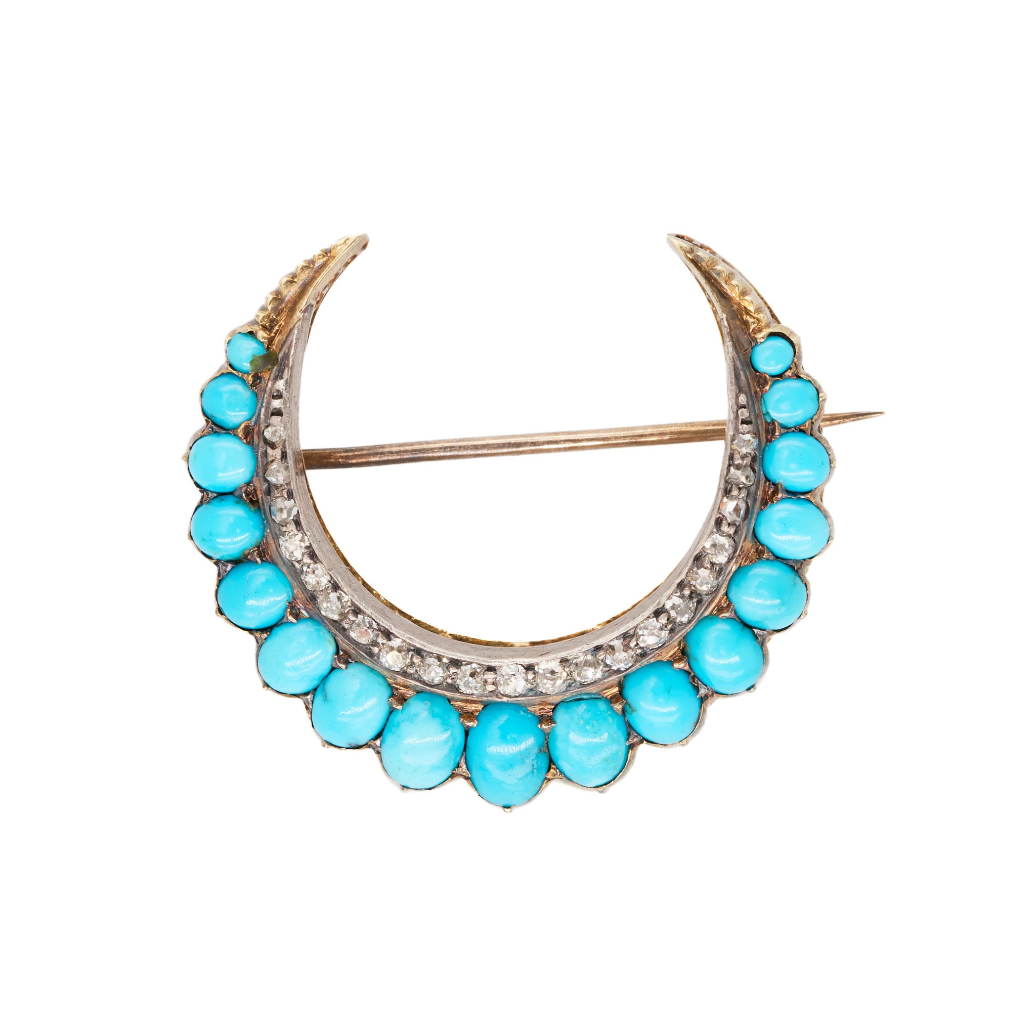 Turquoise Diamond Crescent Brooch-Charlotte Sayers Antique Jewellery