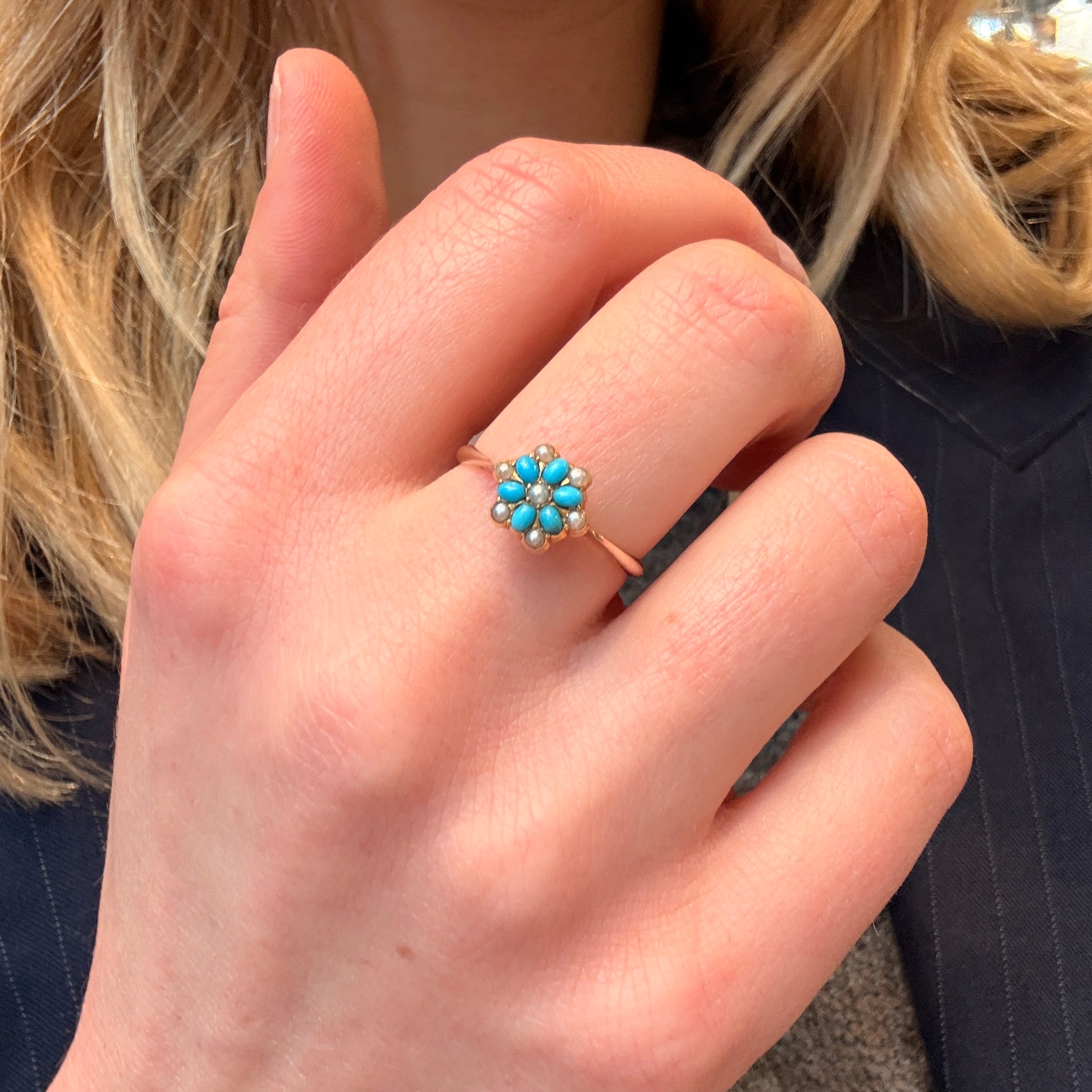 Turquoise and Pearl Cluster Ring-Charlotte Sayers Antique Jewellery