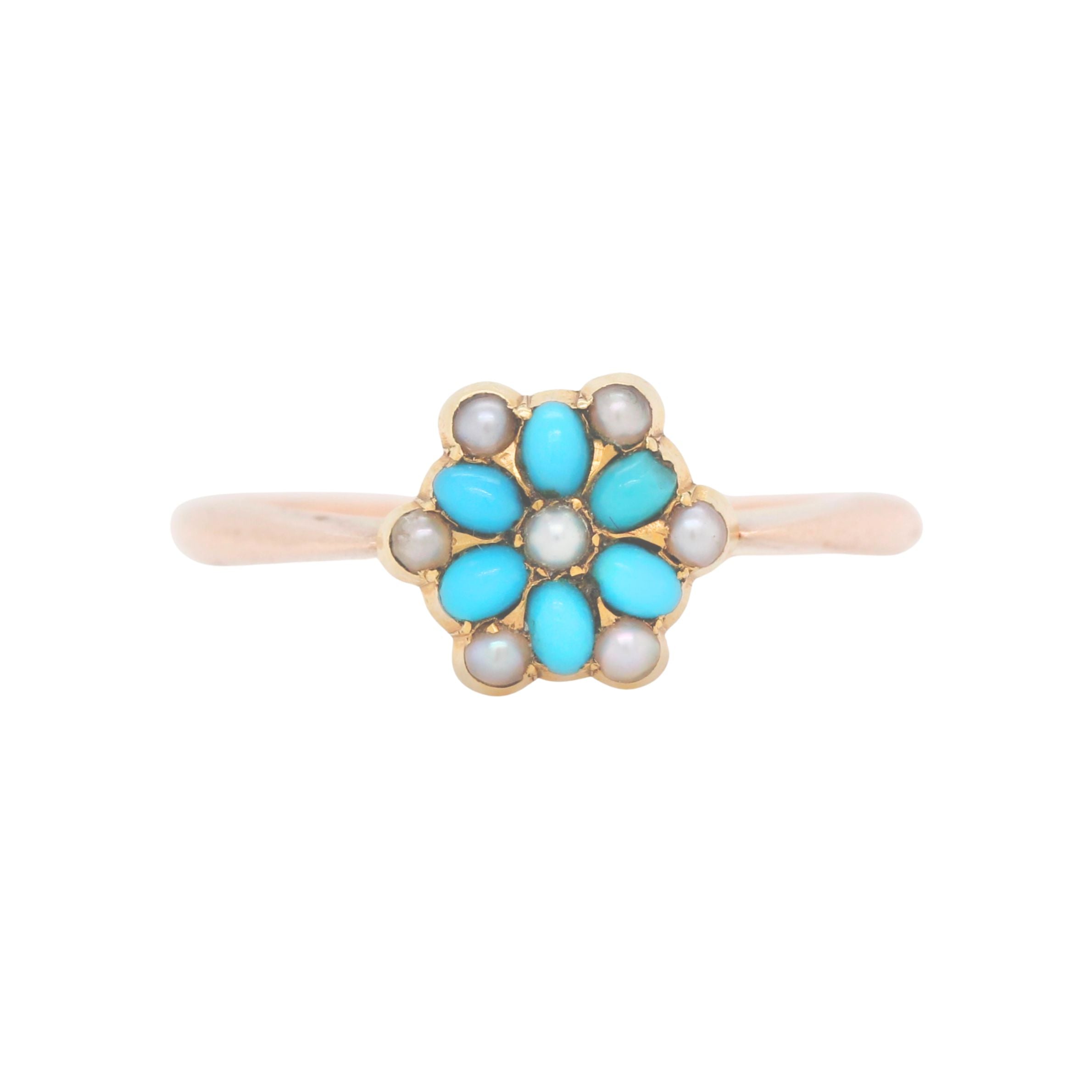 Turquoise and Pearl Cluster Ring-Charlotte Sayers Antique Jewellery