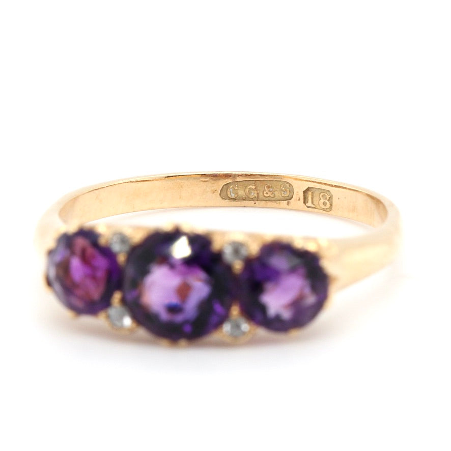 Victorian 3 Stone Amethyst and Diamond Ring-Charlotte Sayers Antique Jewellery