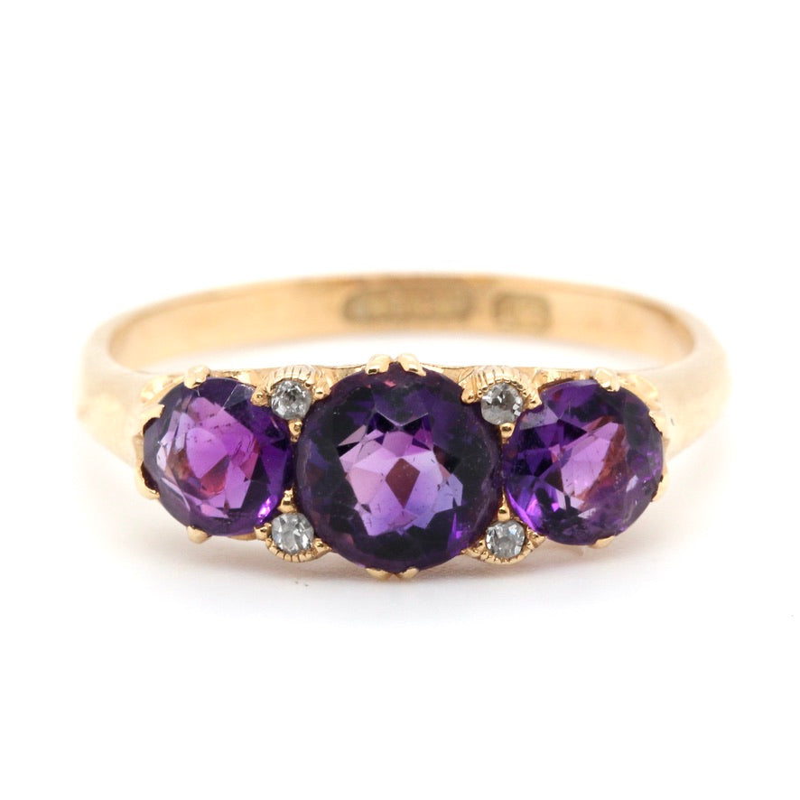 Victorian 3 Stone Amethyst and Diamond Ring-Charlotte Sayers Antique Jewellery