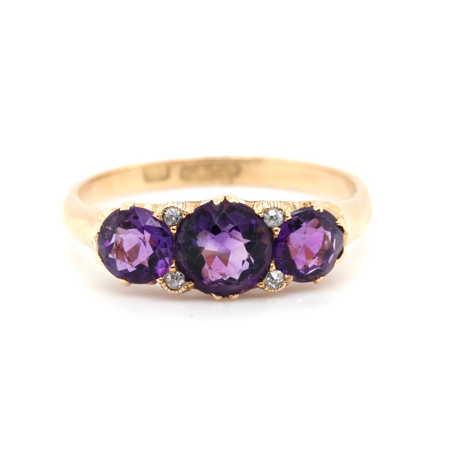 Victorian 3 Stone Amethyst and Diamond Ring-Charlotte Sayers Antique Jewellery