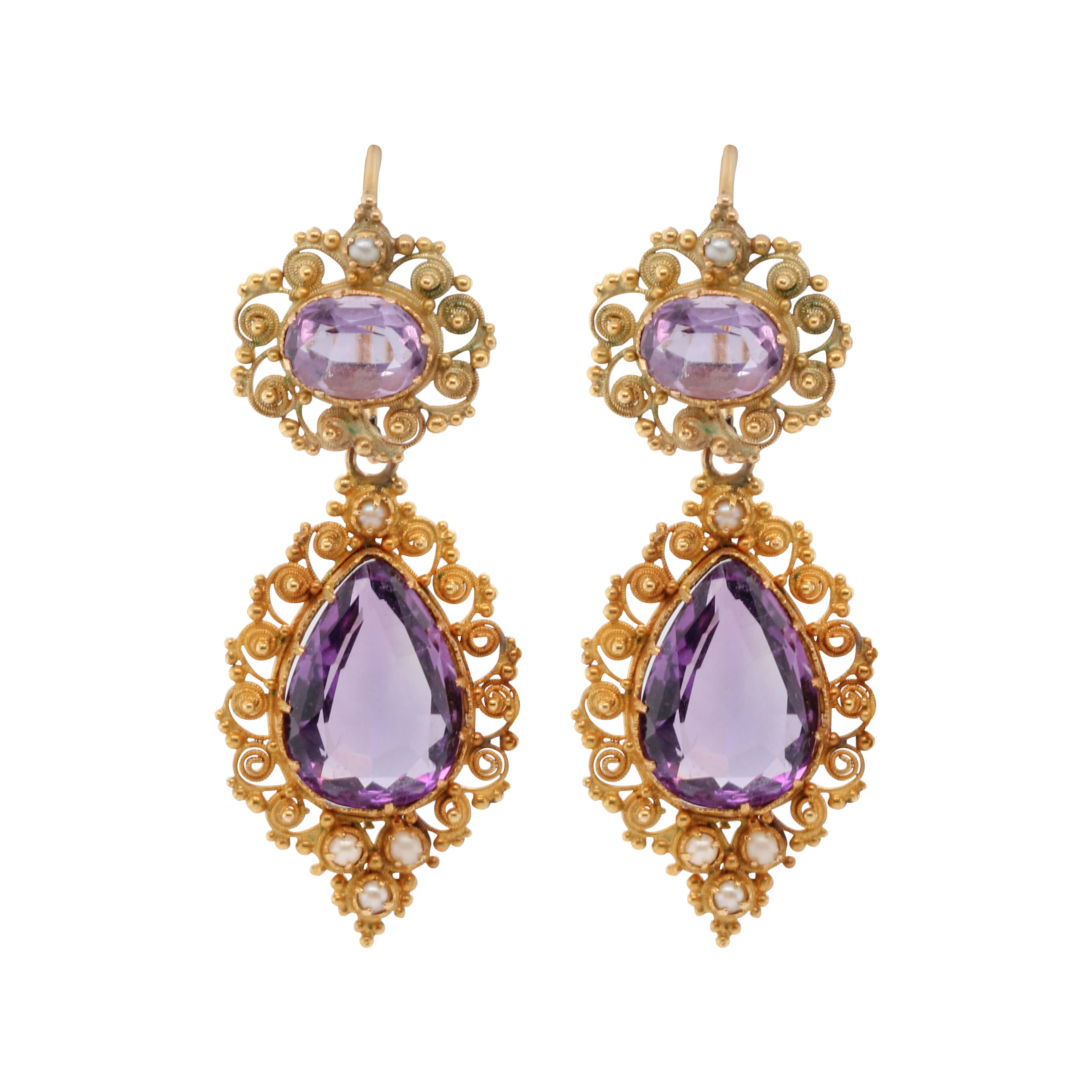 Victorian Amethyst and Pearl Cannetille Earrings-Charlotte Sayers Antique Jewellery