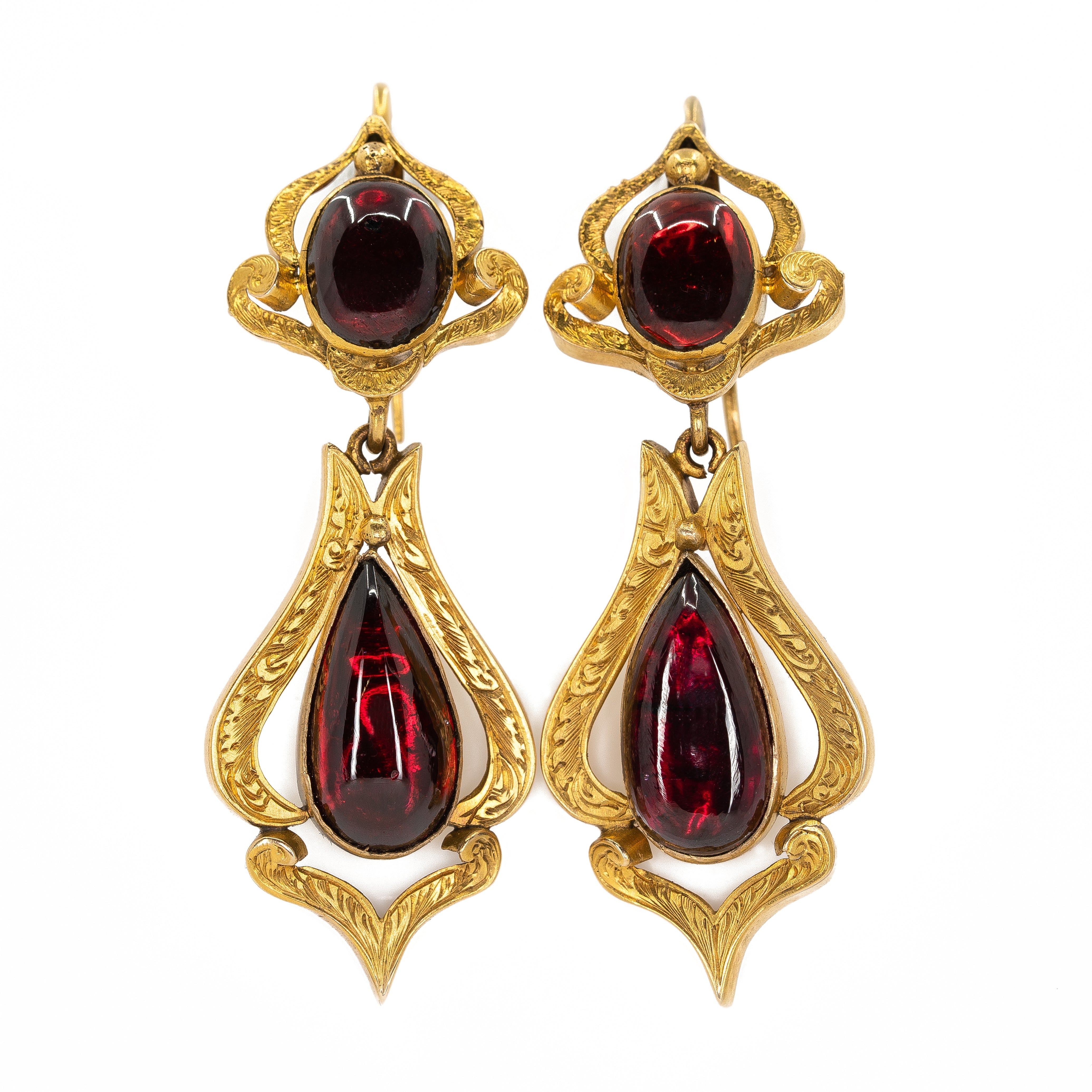 Victorian Cabochon Garnet Drop Earrings-Charlotte Sayers Antique Jewellery