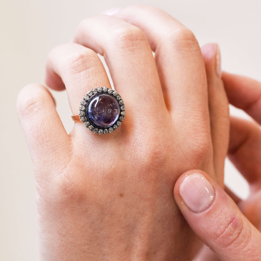 Victorian Cabochon Sapphire and Diamond Ring-Charlotte Sayers Antique Jewellery