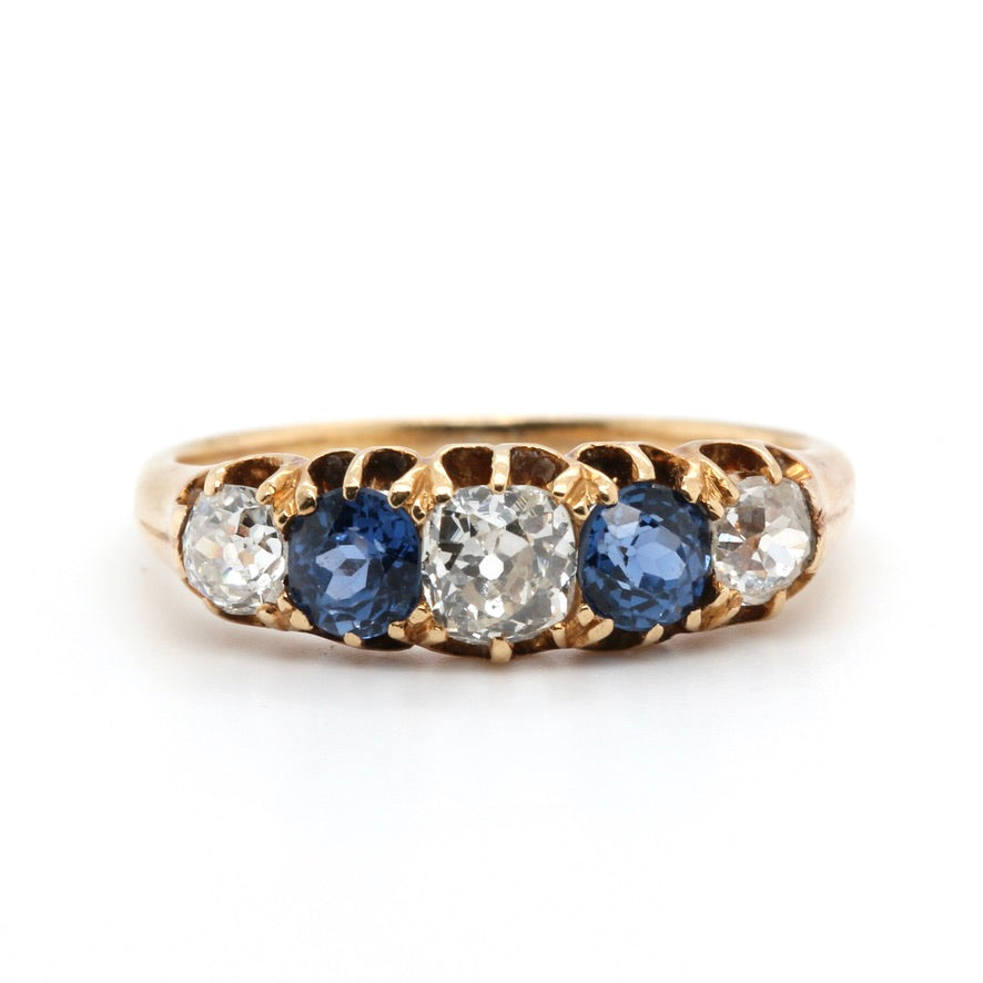 Victorian Ceylon Sapphire and Diamond Five Stone Ring-Charlotte Sayers Antique Jewellery