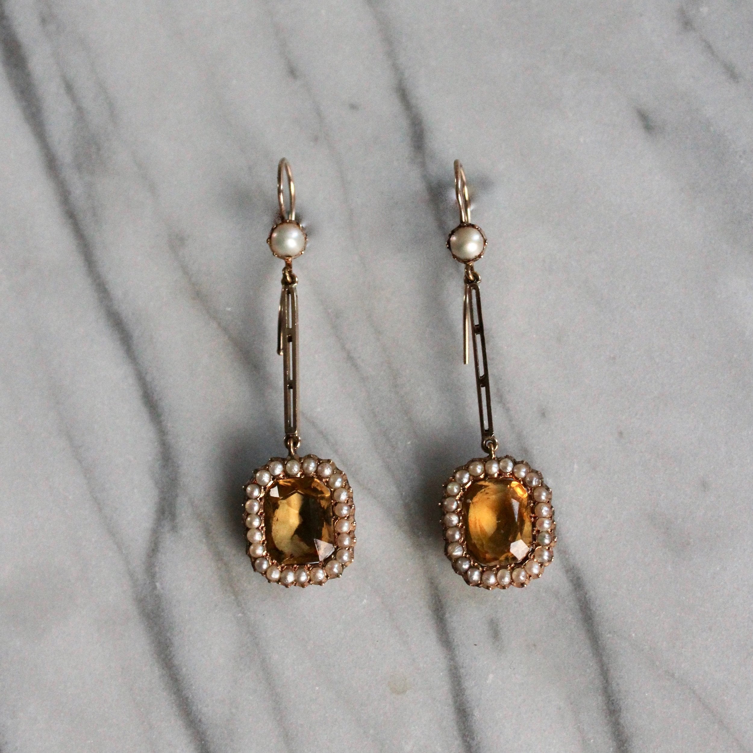 Victorian Citrine and Pearl Earrings-Charlotte Sayers Antique Jewellery