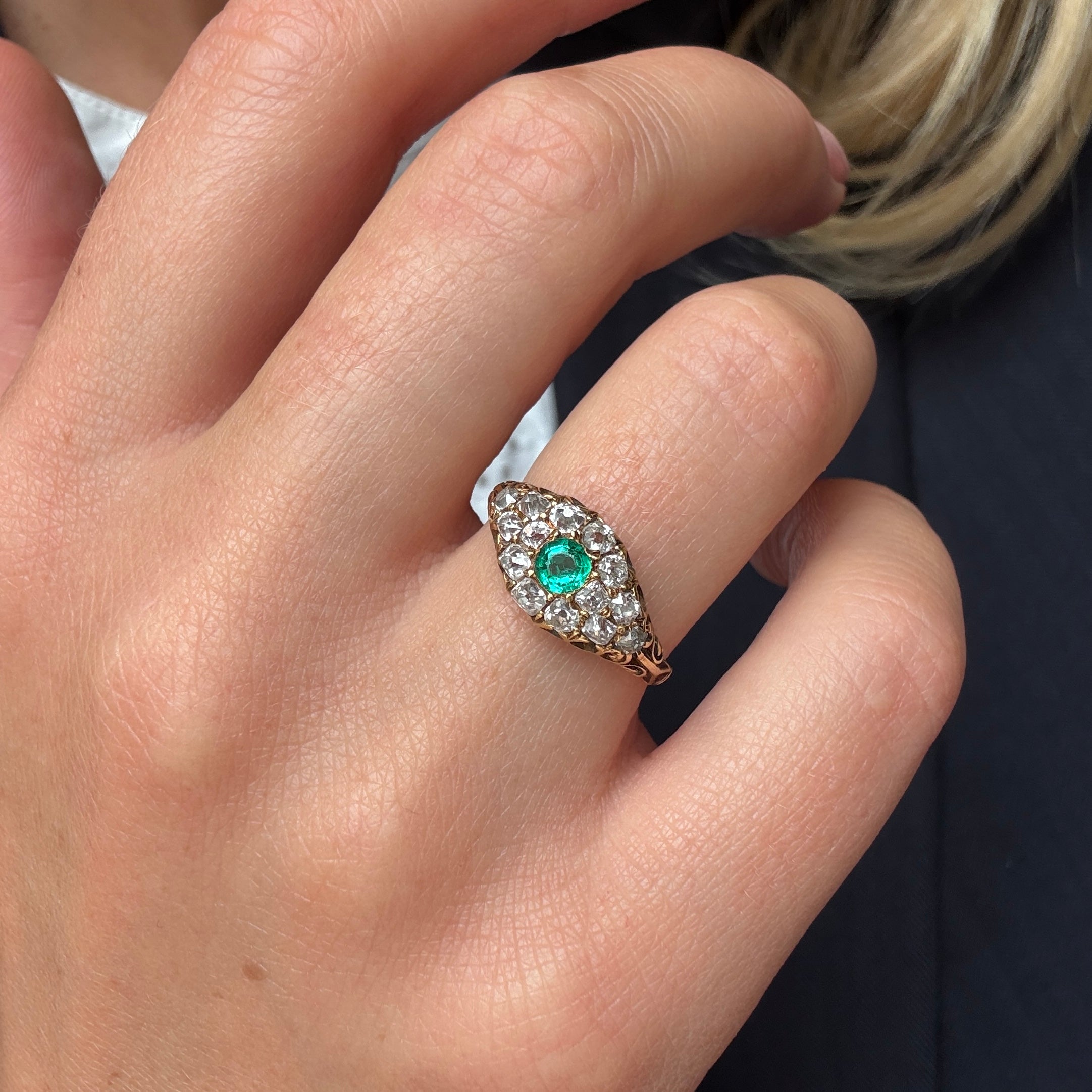 Victorian Colombian Emerald and Diamond Cluster Ring-Charlotte Sayers Antique Jewellery