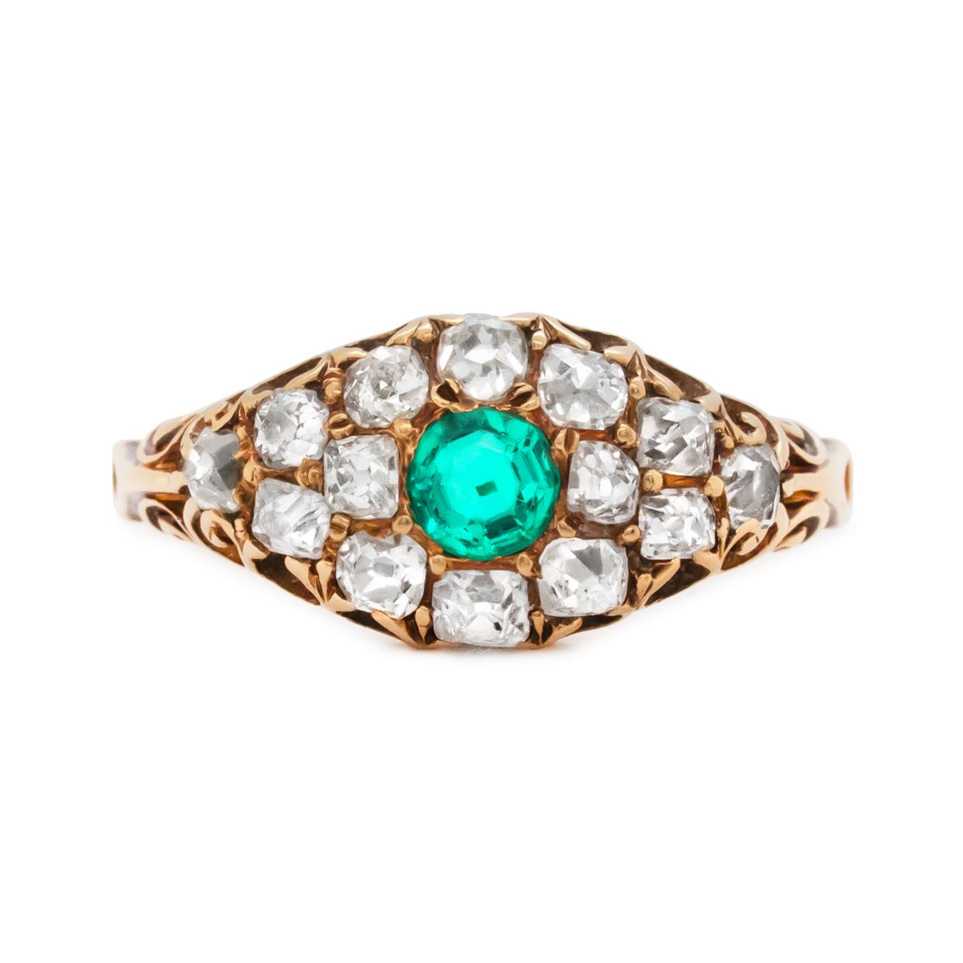 Victorian Colombian Emerald and Diamond Cluster Ring-Charlotte Sayers Antique Jewellery